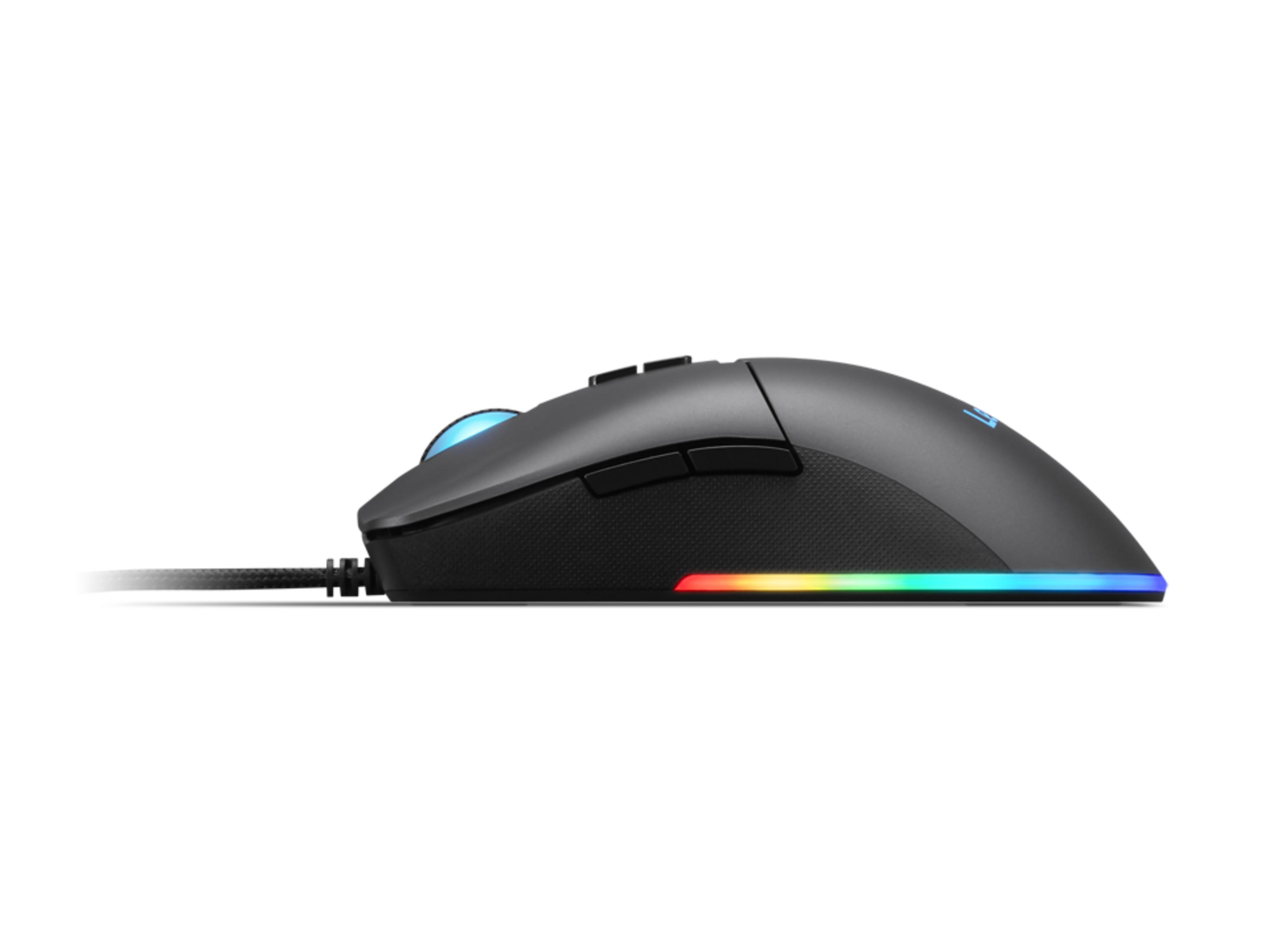Czarna mysz gamingowa z podświetleniem RGB, pokazana z boku.