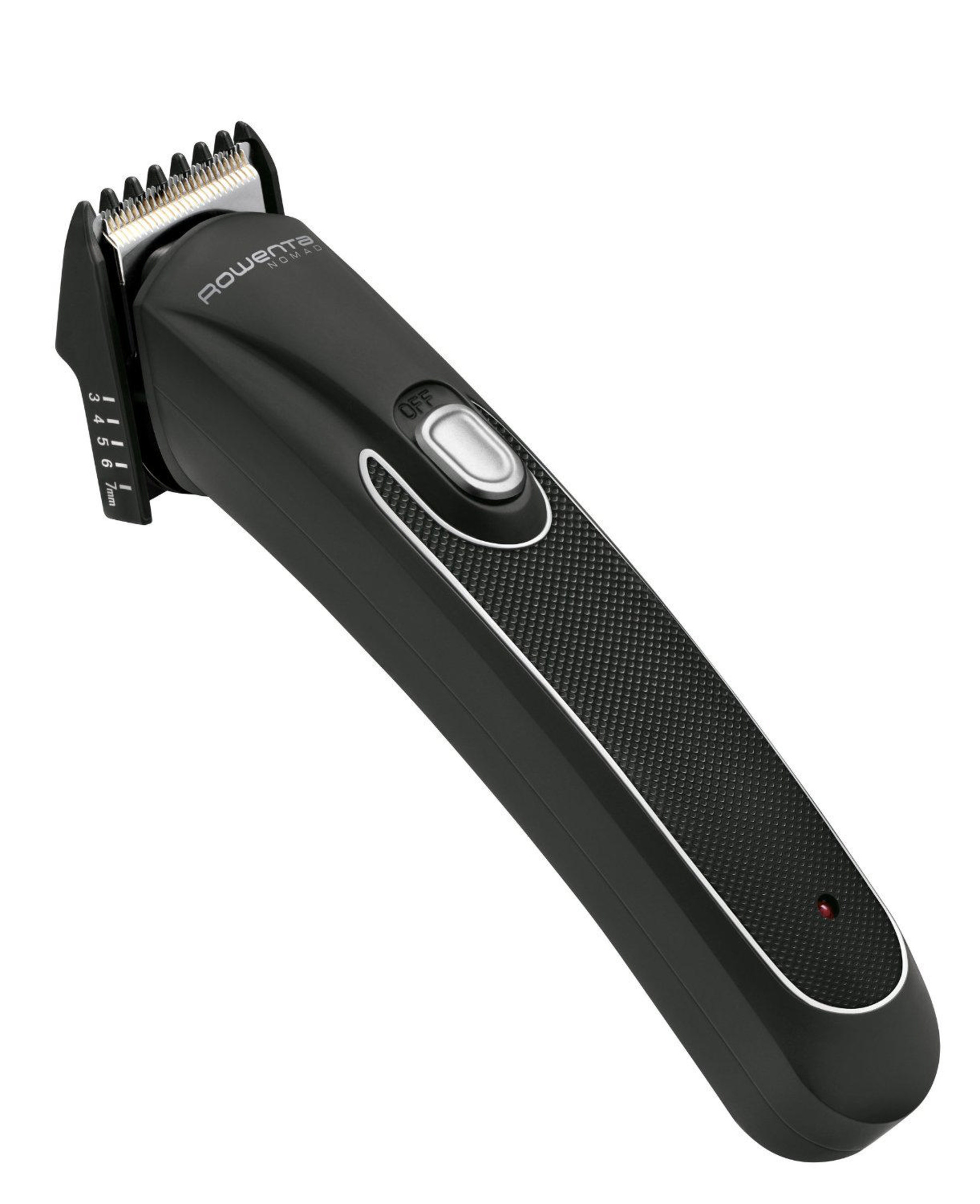 Czarna maszynka do strzyżenia włosów z srebrnymi akcentami.