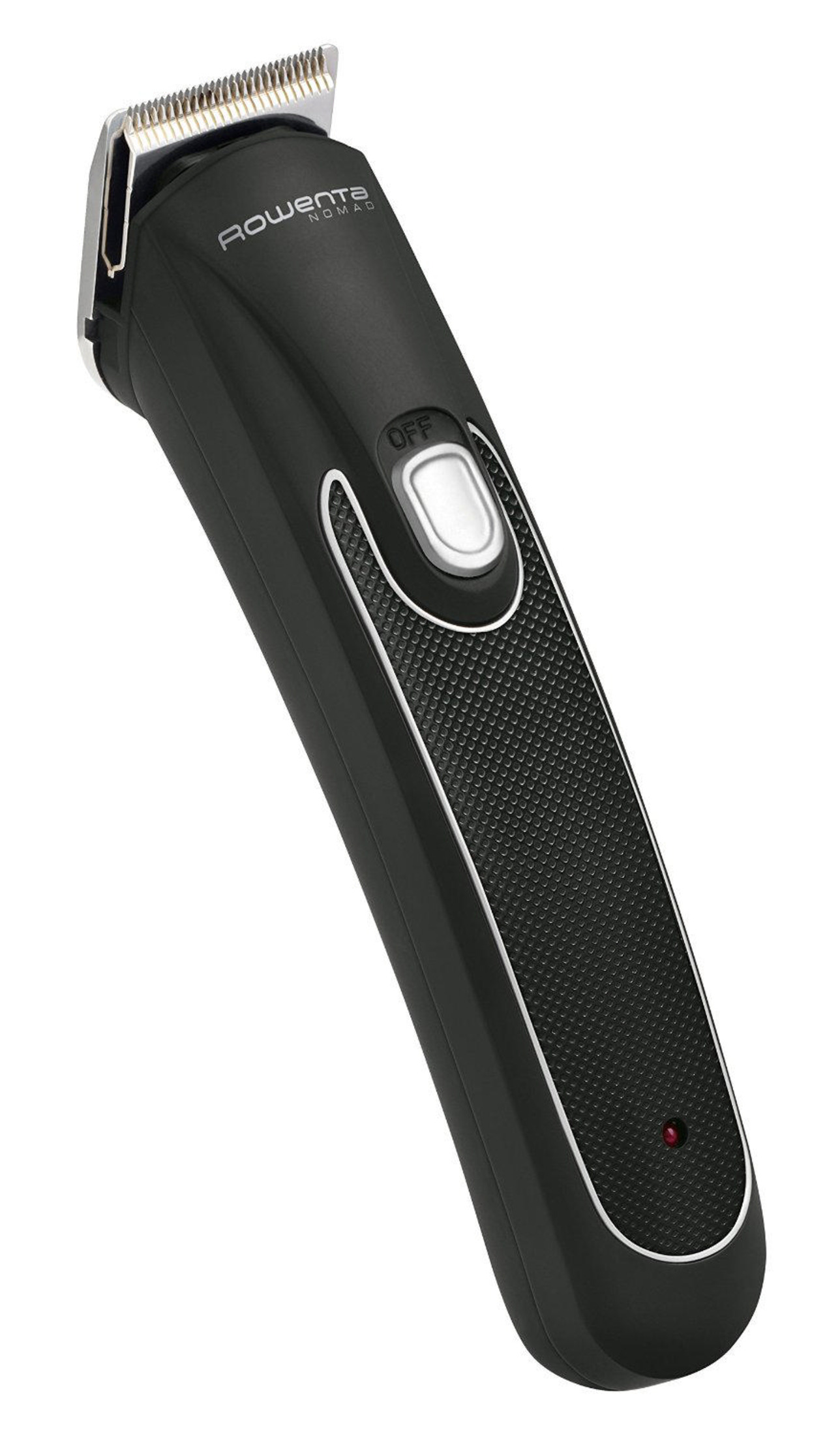 Czarna maszynka z srebrnymi ostrzami i czerwoną diodą. Przycisk 'OFF'.