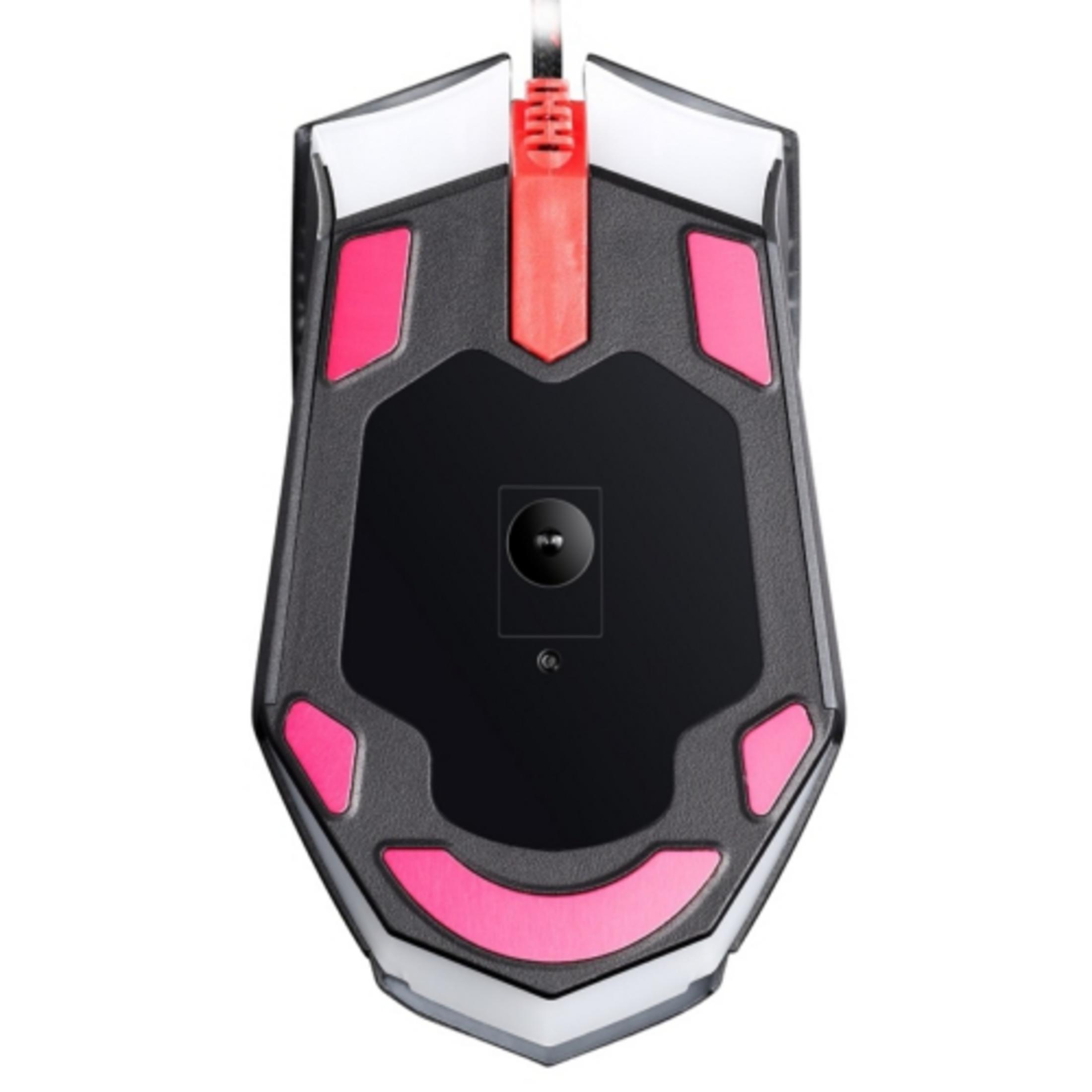 Czarna mysz gamingowa z czerwonymi i różowymi akcentami, sensor optyczny.