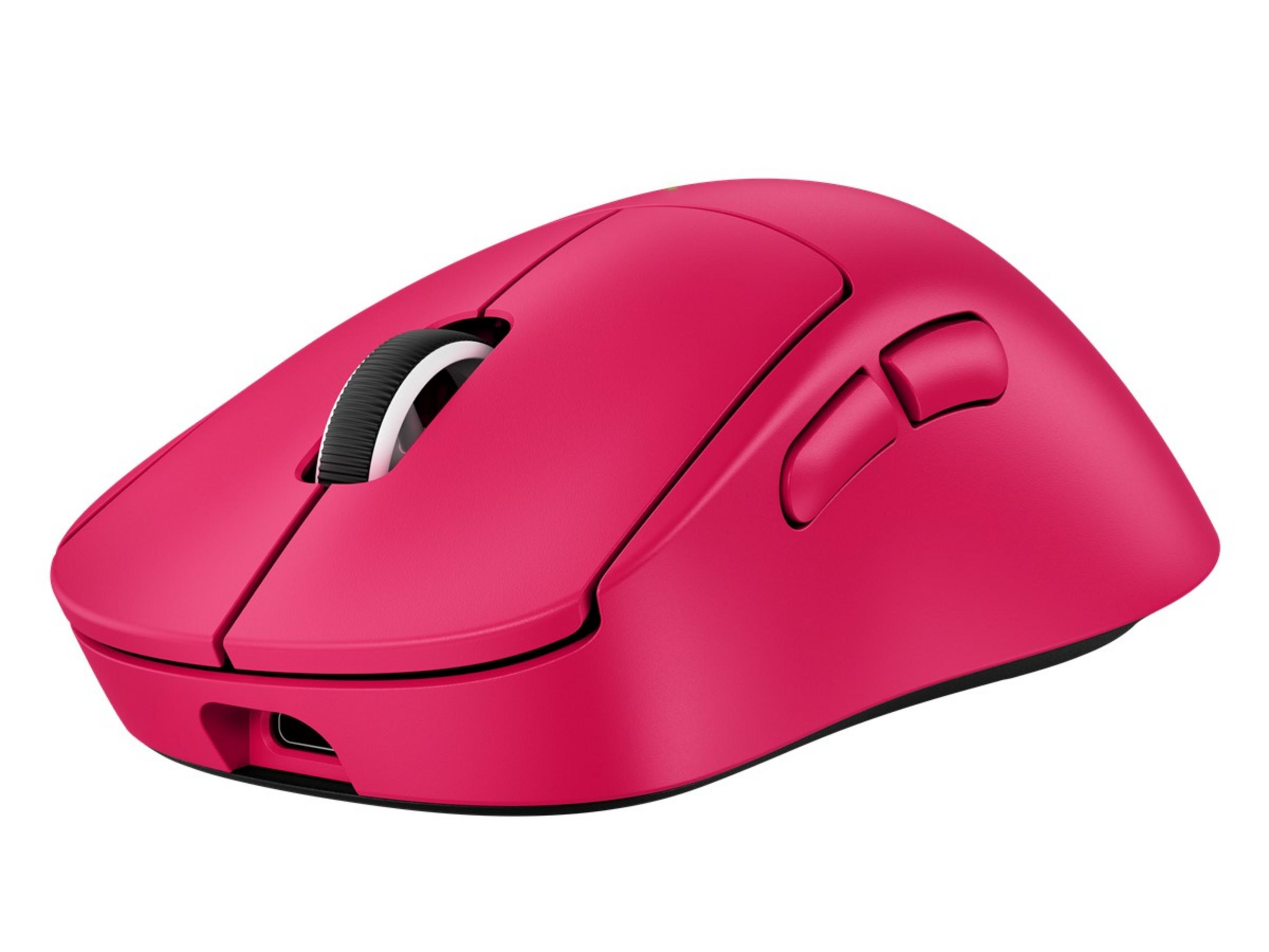 Różowa bezprzewodowa mysz gamingowa z kółkiem i dwoma przyciskami.