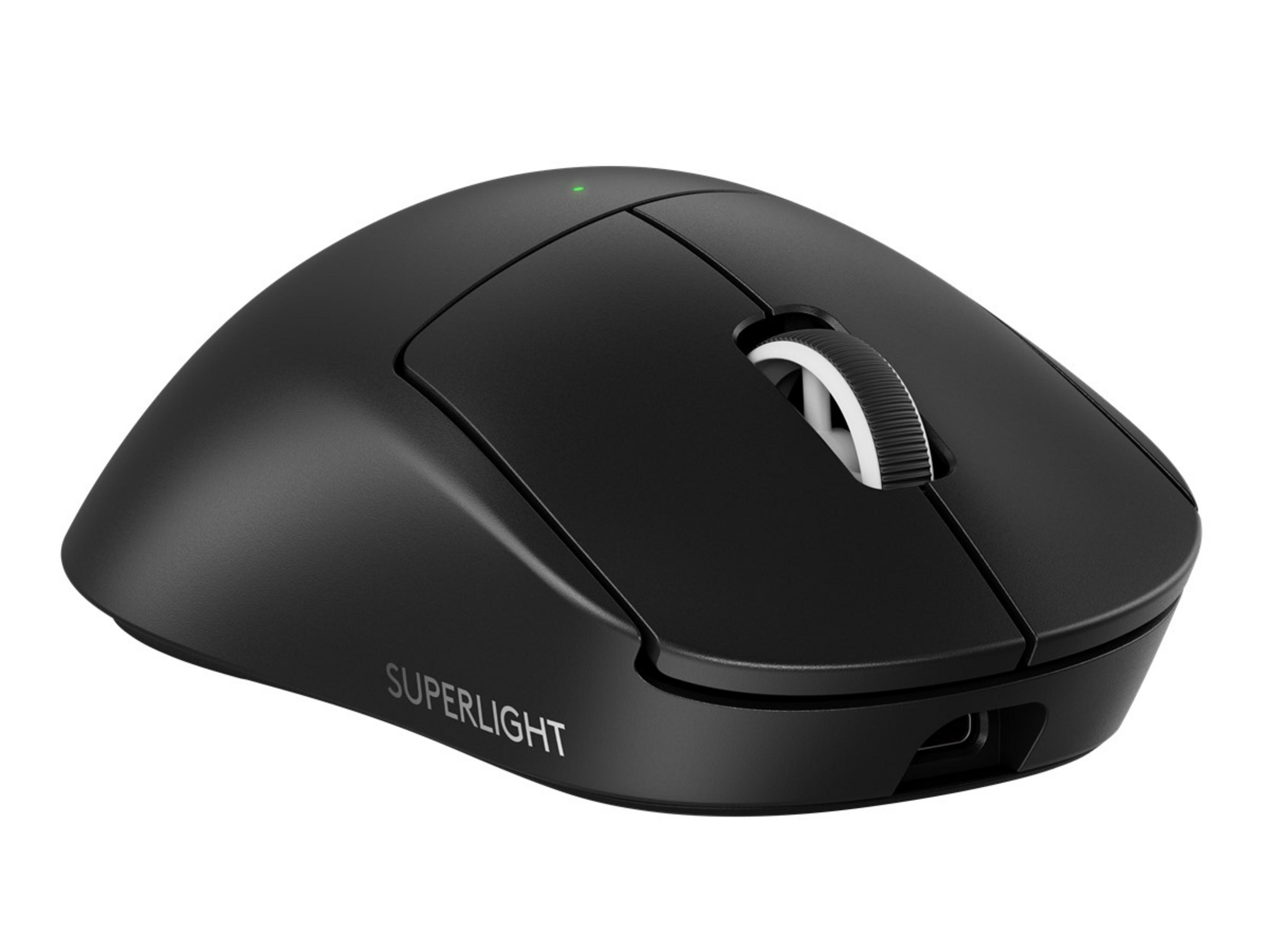 Czarna bezprzewodowa mysz gamingowa z kółkiem i zieloną diodą.