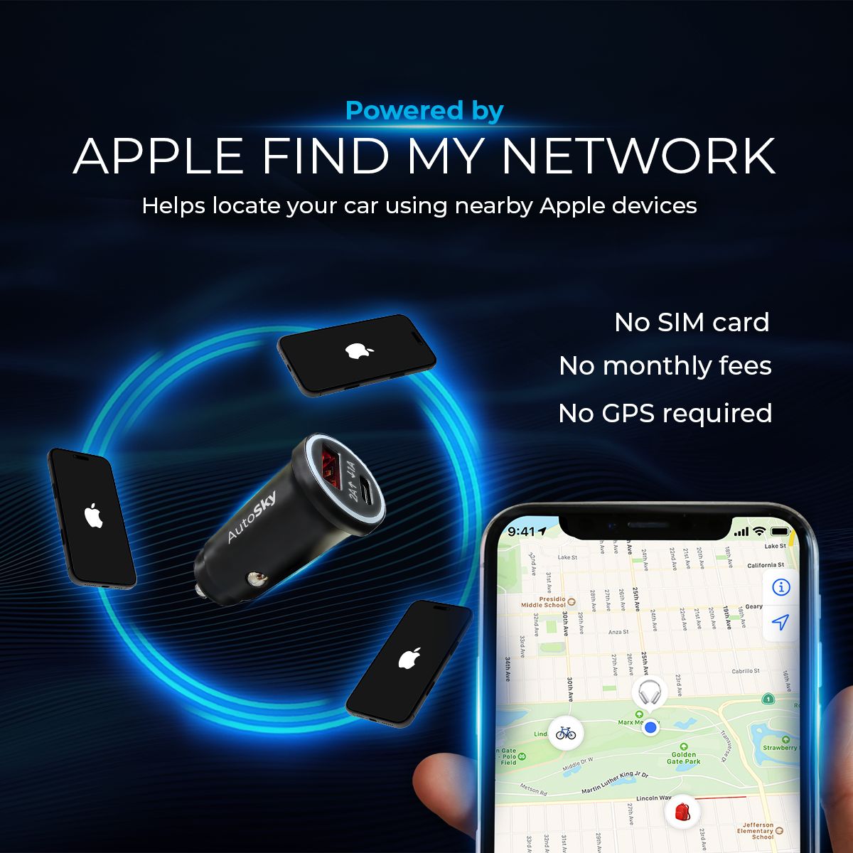 AutoSky-Autoladegerät mit 4 iPhones, die ein blaues Netzwerk umgeben. Karte auf dem Handy.