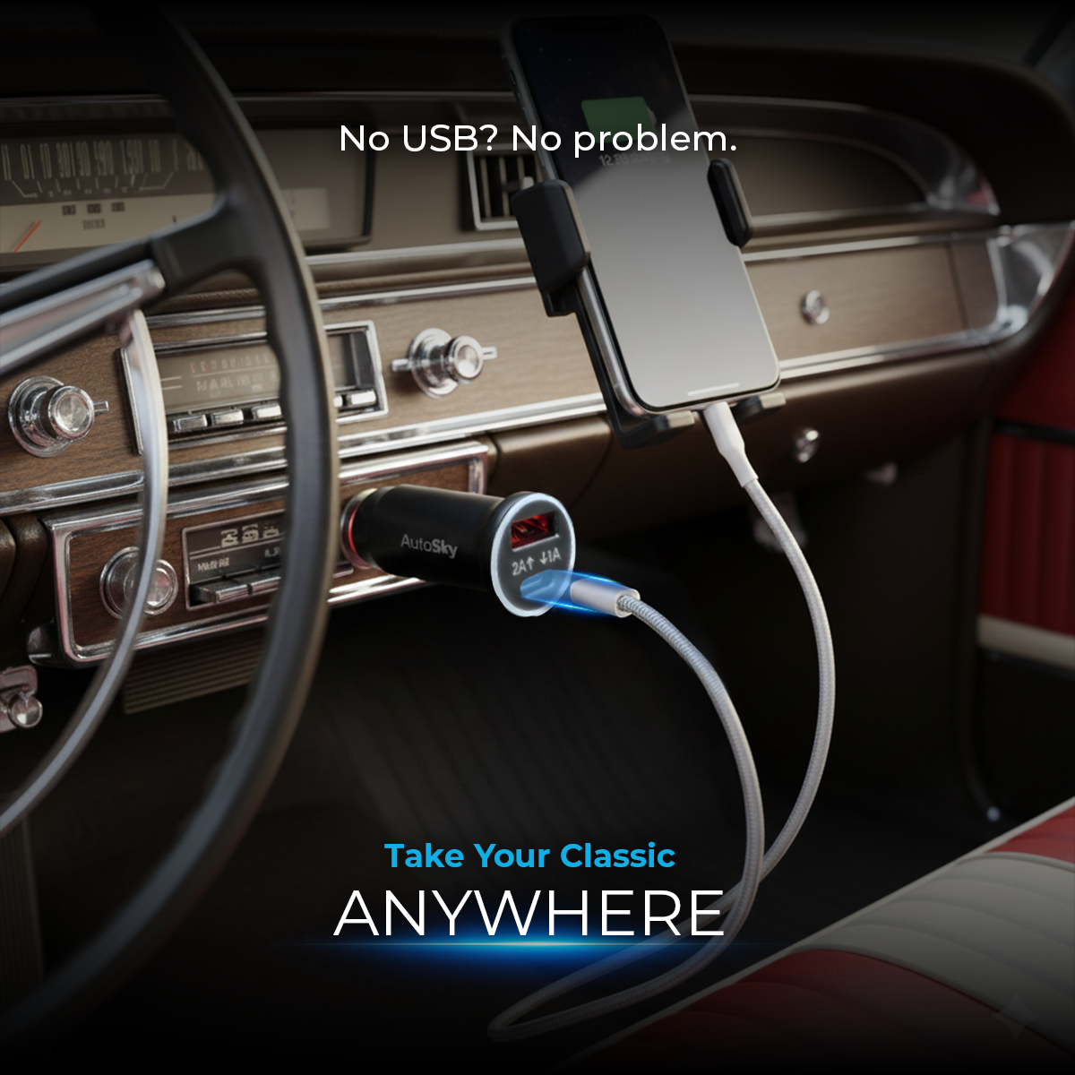 Ein Handy wird in einem Oldtimer geladen. Ein Auto-Ladegerät mit Kabel.