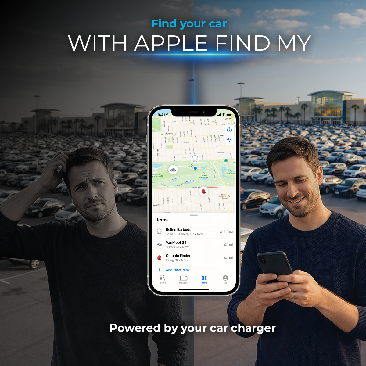 Mann im Park mit Einkaufszentrum und Autos, hält Handy mit Apple Find My App.