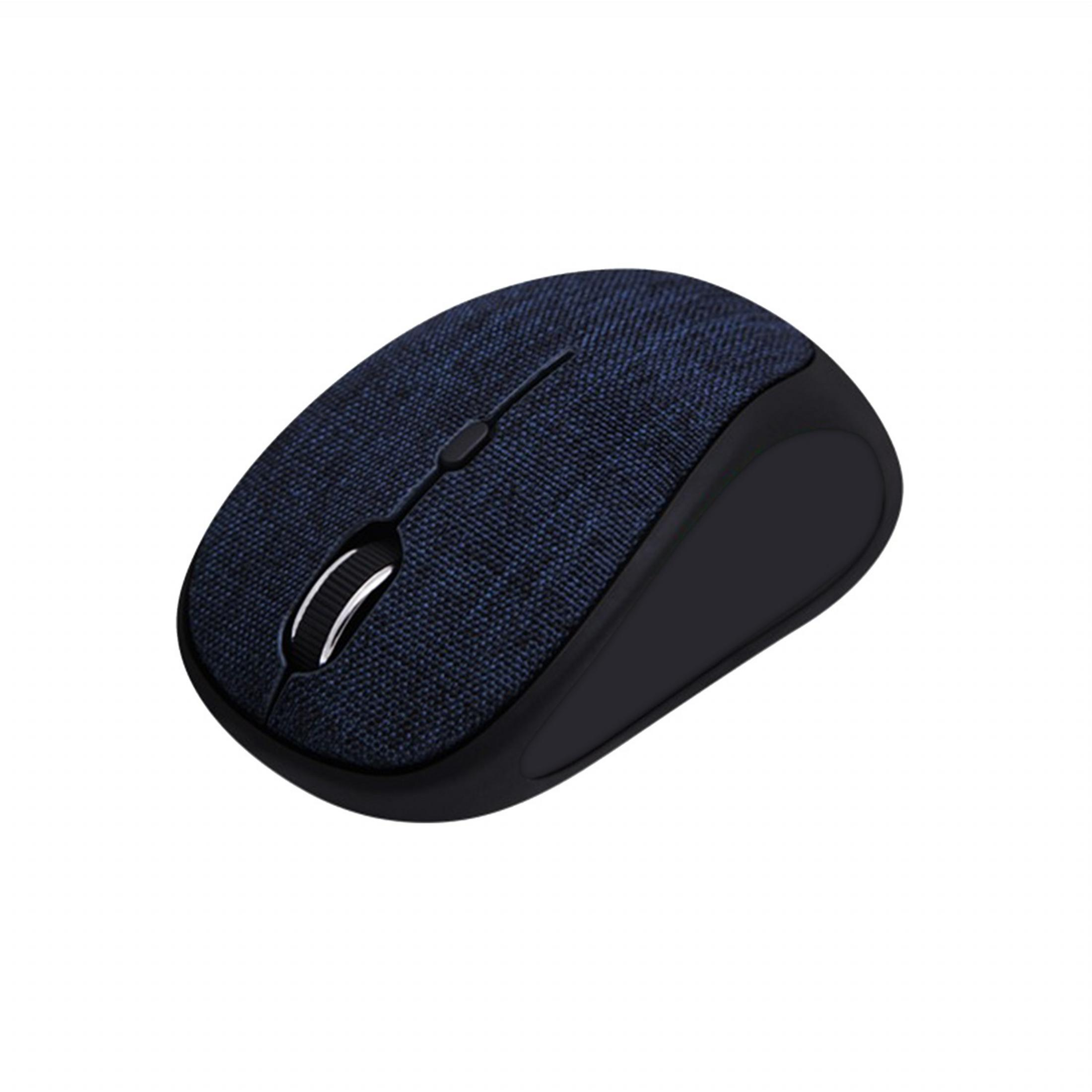 Eine dunkelblaue Stoff-Computermaus mit einem schwarzen Scrollrad.
