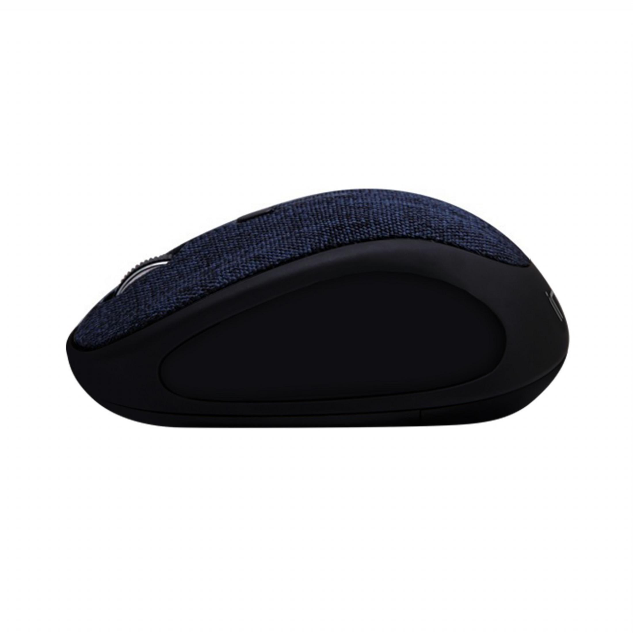 Schwarze Maus mit dunkelblauem Stoffbezug und Scrollrad.