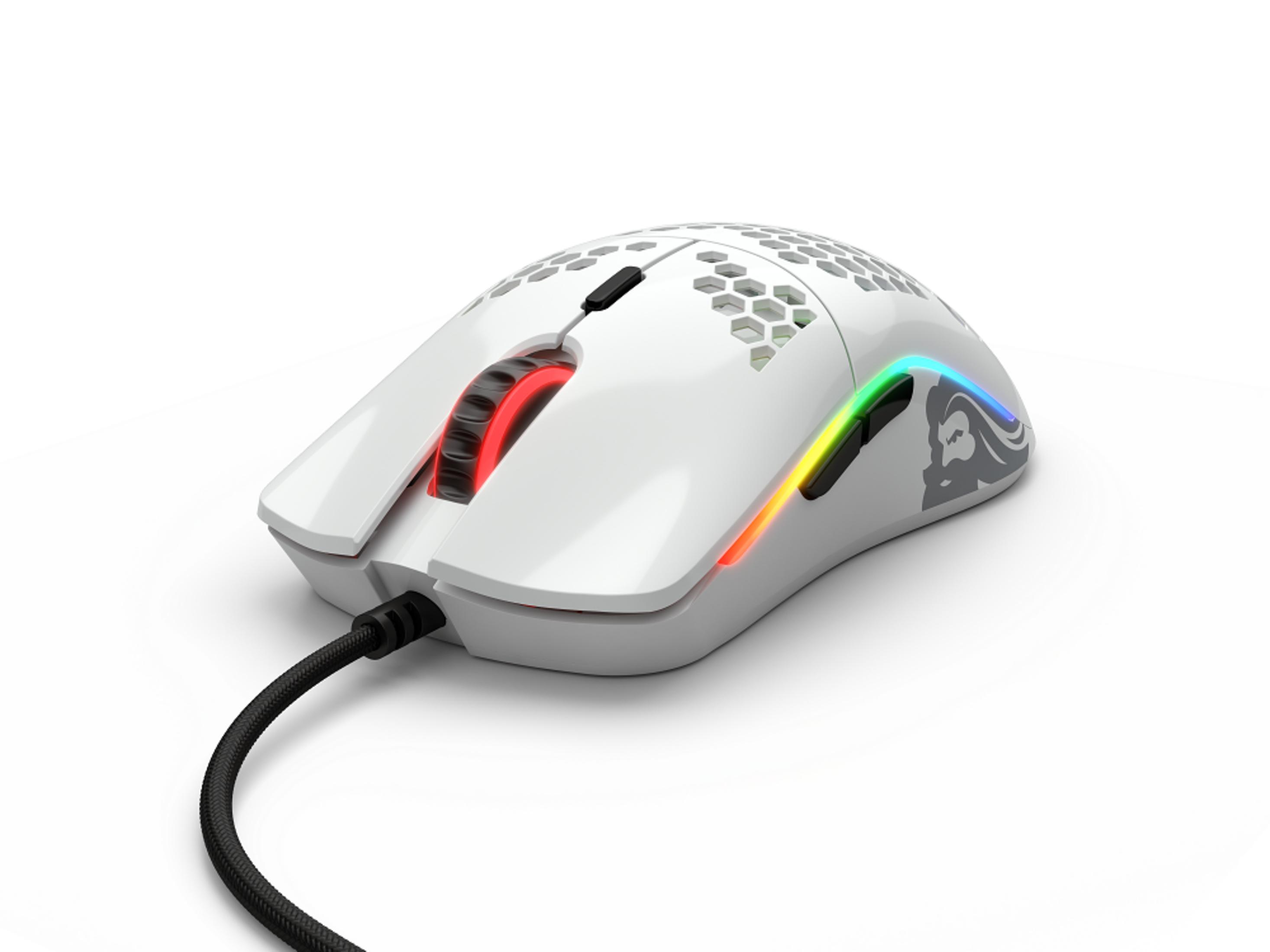 Mouse da gaming bianco con motivo a nido d'ape, illuminazione RGB e cavo nero.