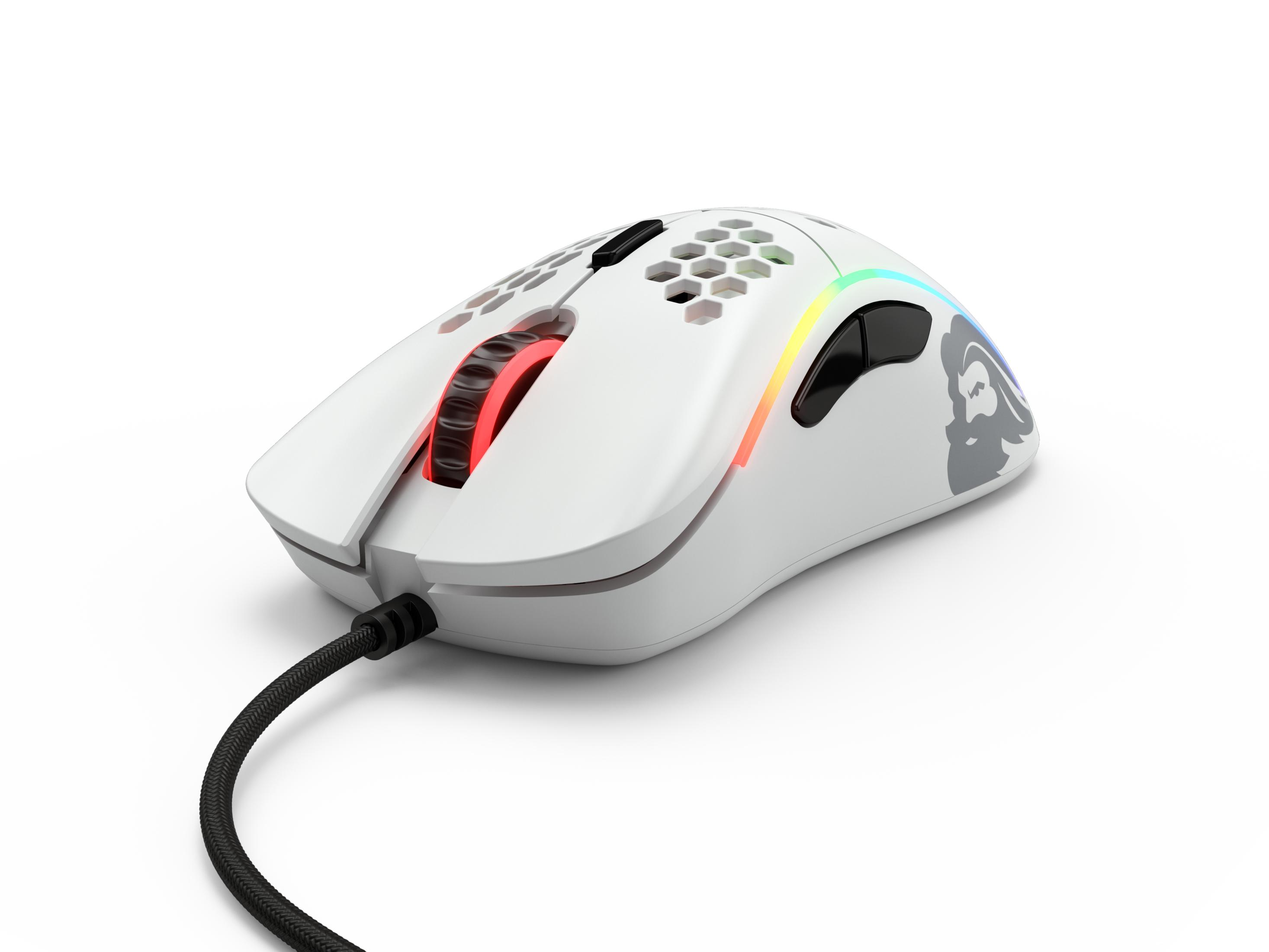 Een witte gamingmuis met verlicht scrollwiel en RGB-accenten op witte achtergrond.