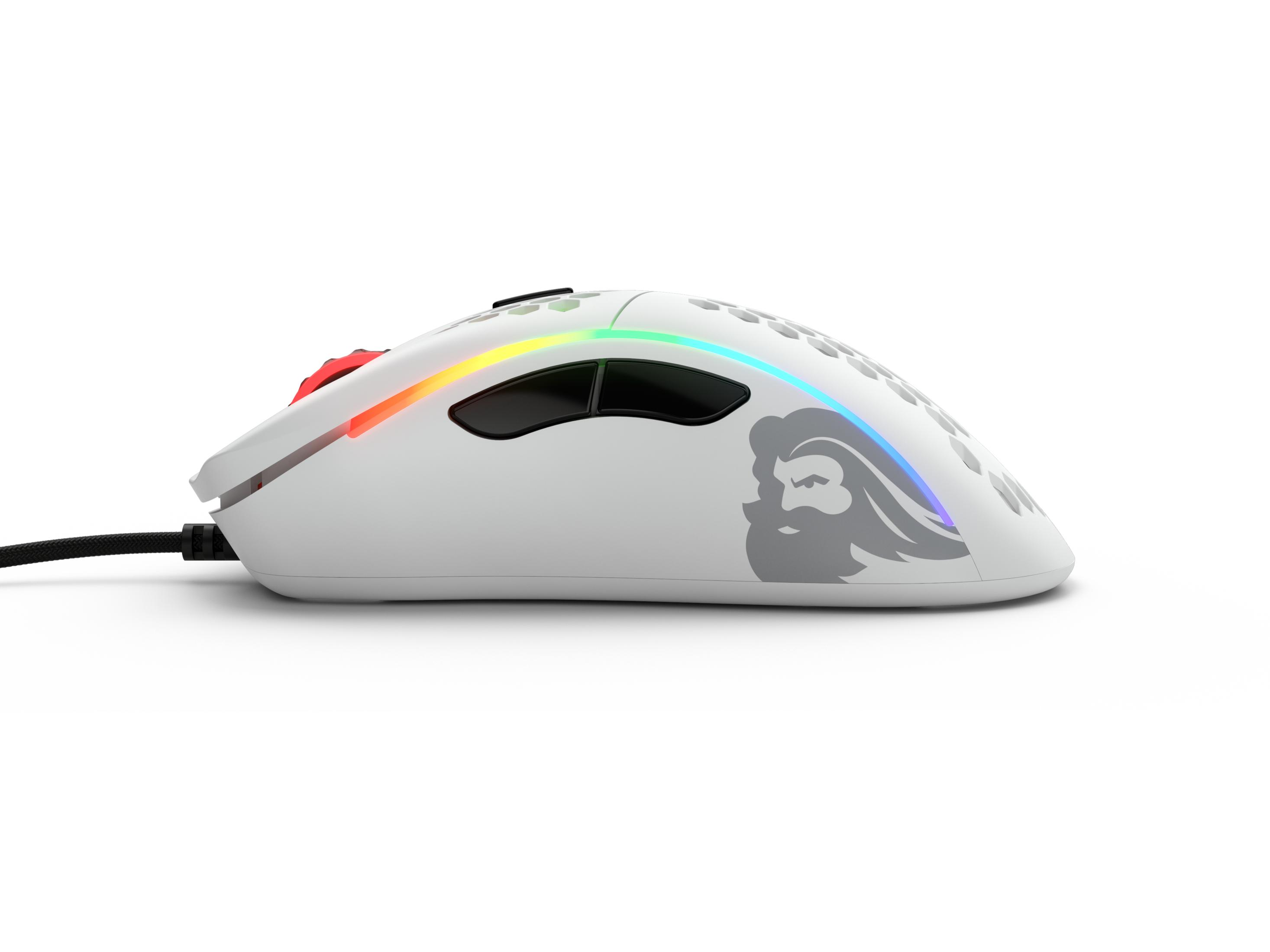 Witte gamingmuis met RGB-verlichting en baardlogo.