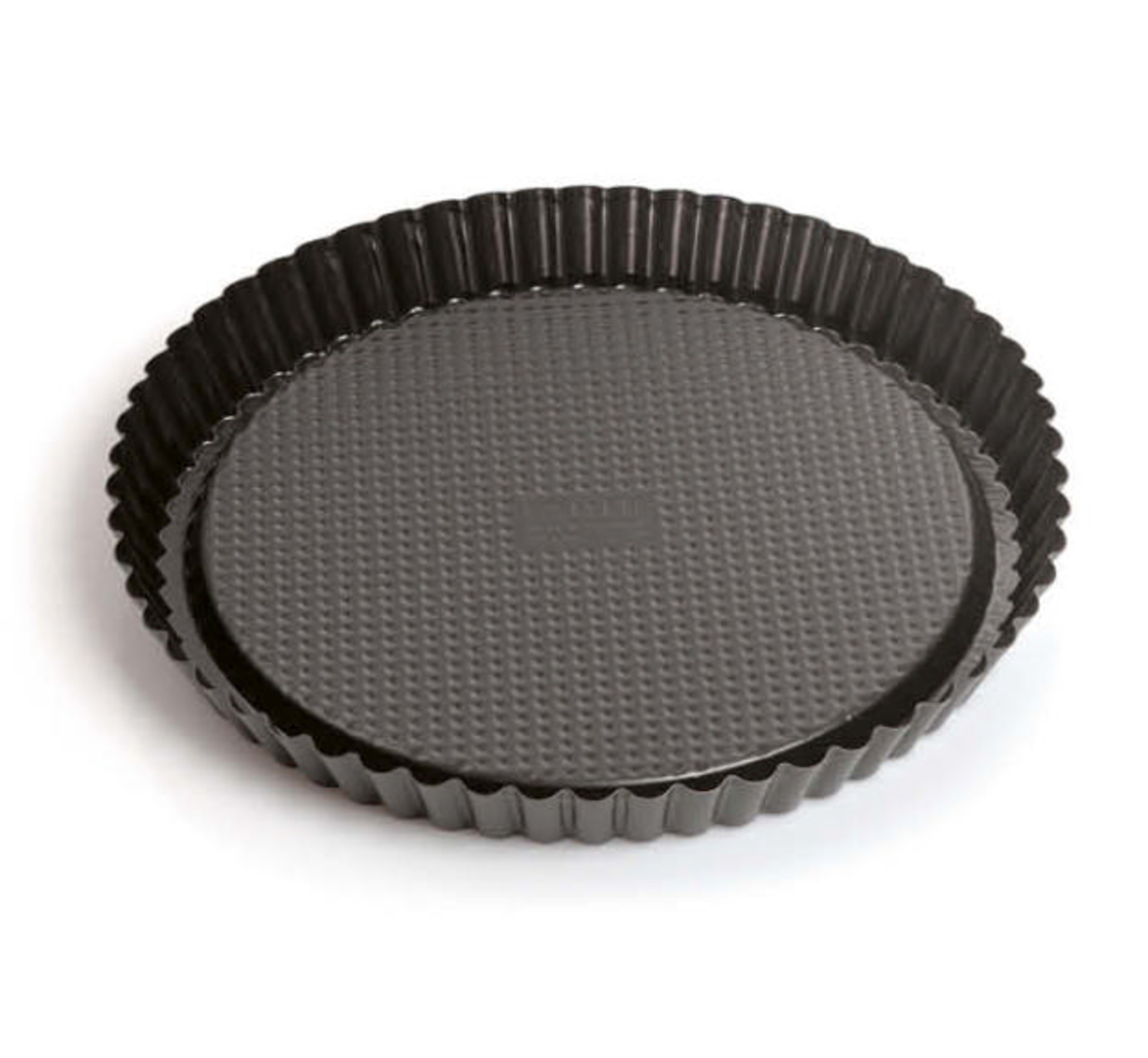 Eine schwarze, runde Tartform mit Rillenrand und gepunktetem Boden.