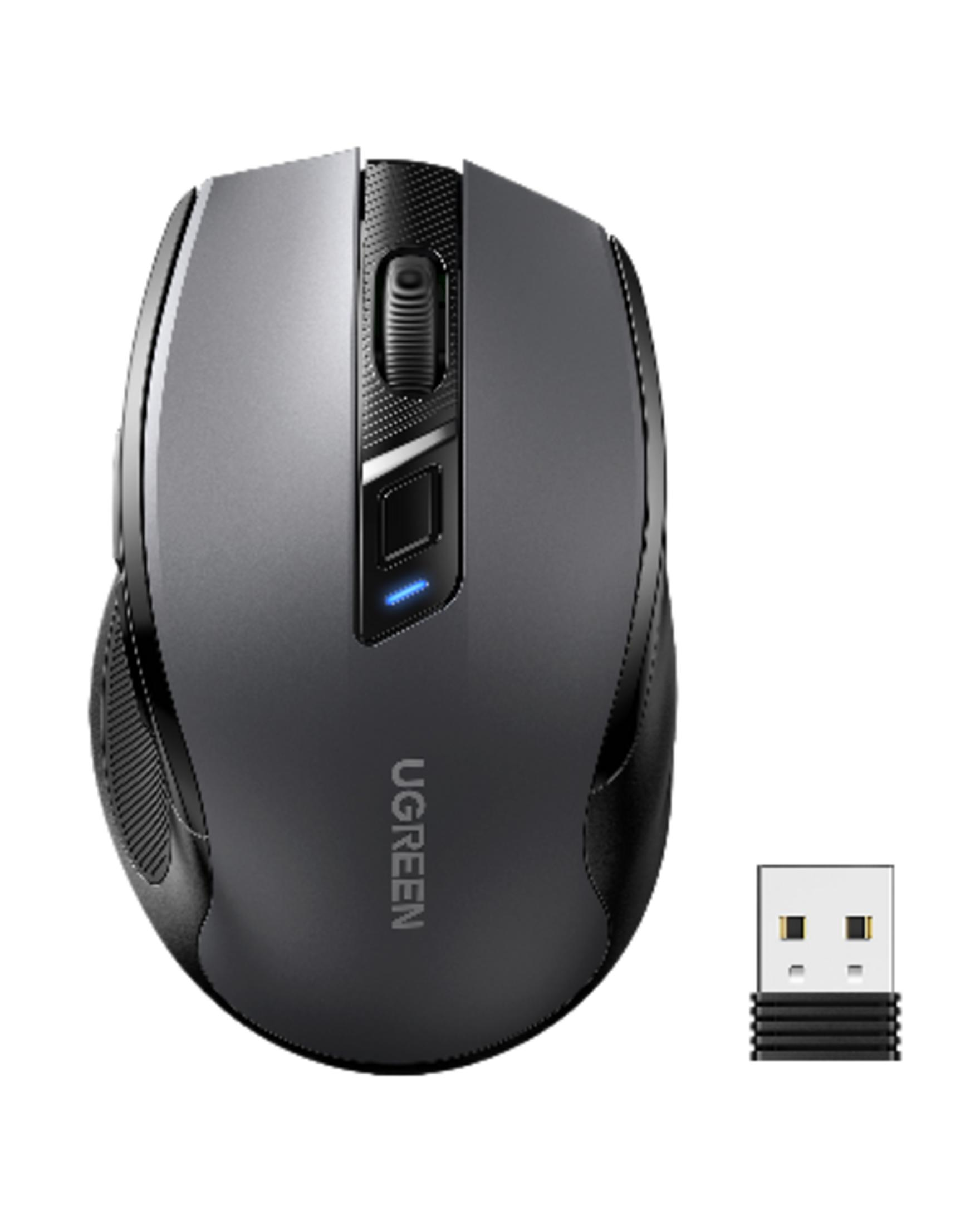 Szara mysz komputerowa z kółkiem przewijania i odbiornikiem USB obok.