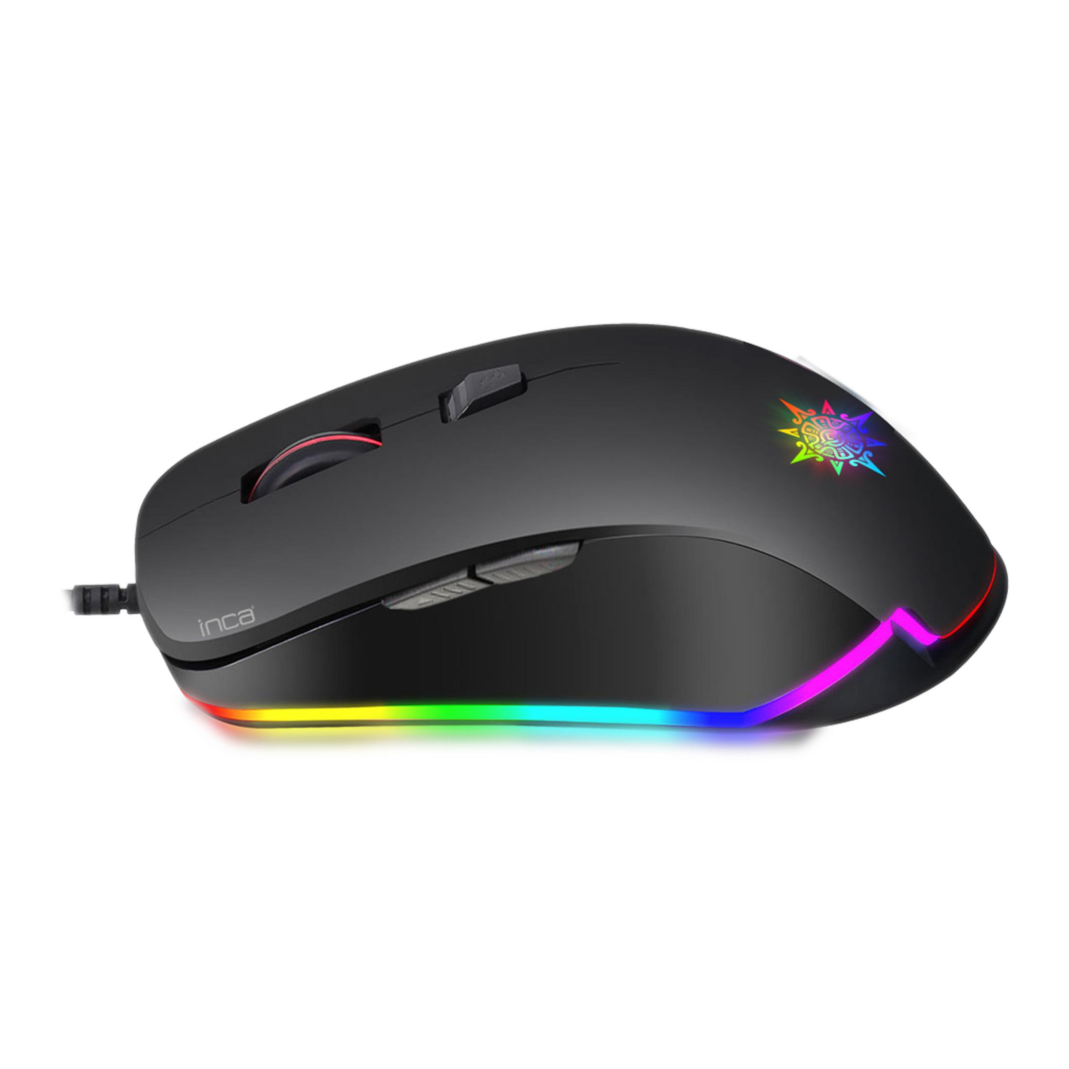 Schwarze Gaming-Maus mit RGB-Beleuchtung und Logo auf weißem Hintergrund.