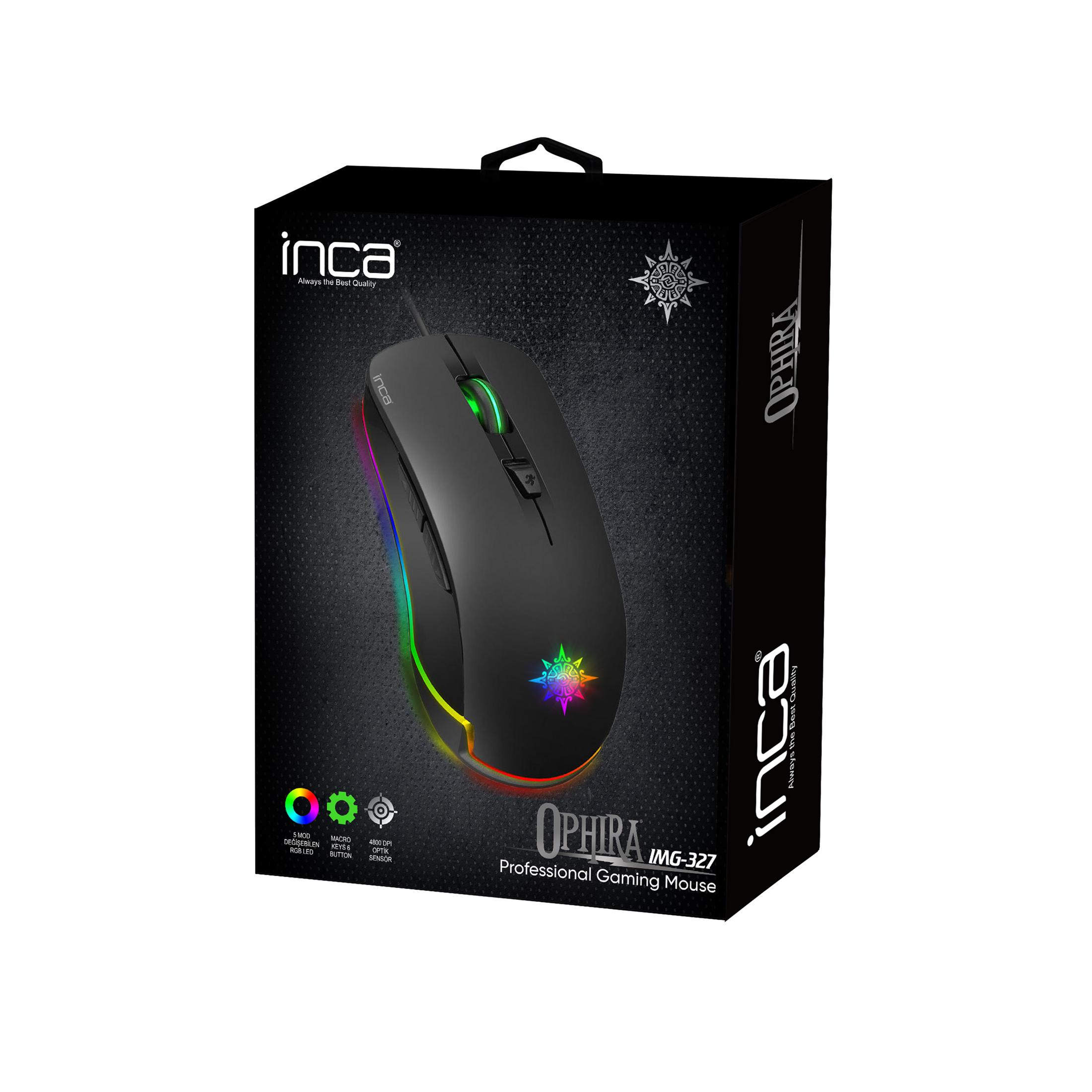 Schwarze Gaming-Maus mit RGB-Beleuchtung auf einer schwarz-grauen Verpackung.