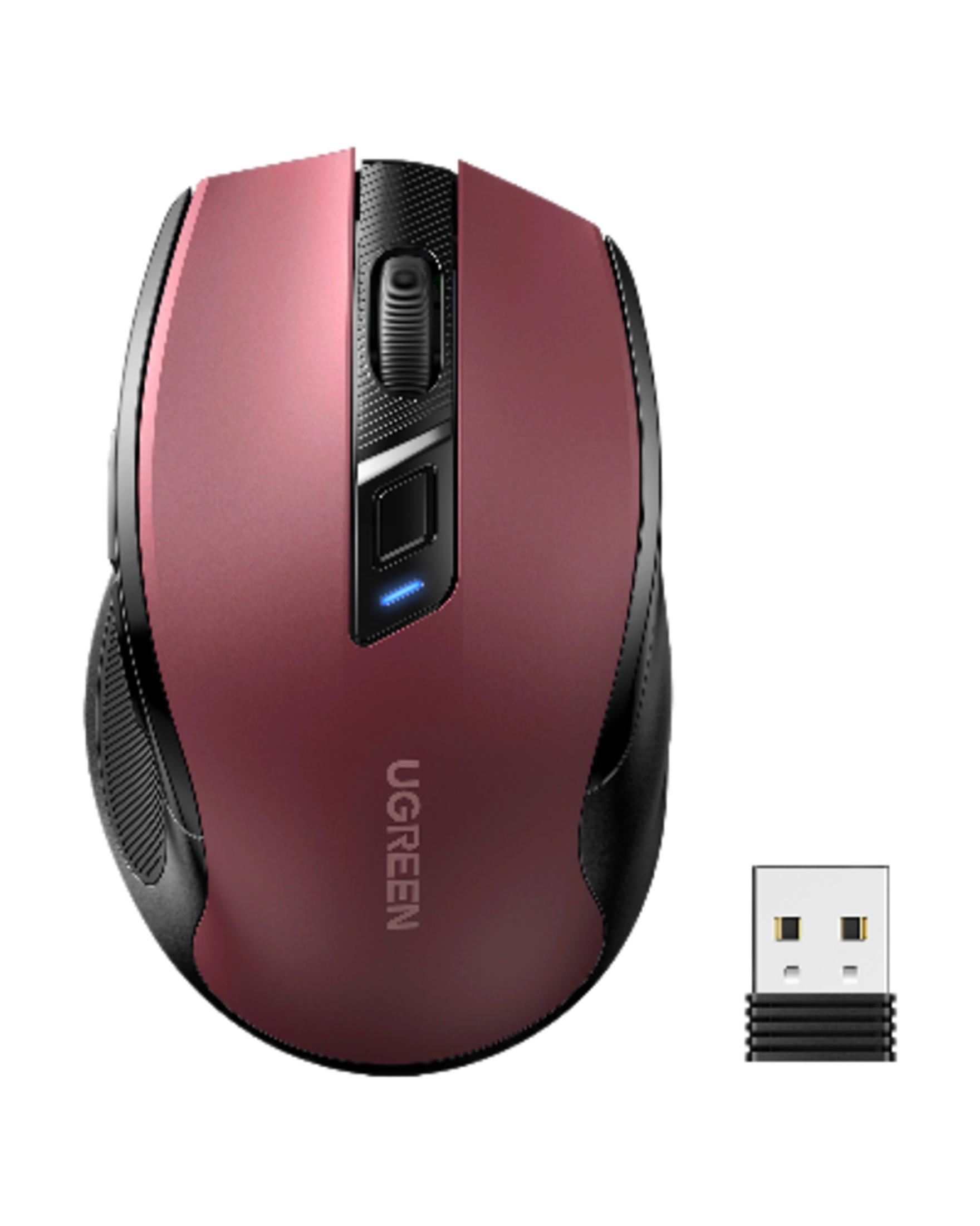 Czerwona mysz bezprzewodowa z odbiornikiem USB.