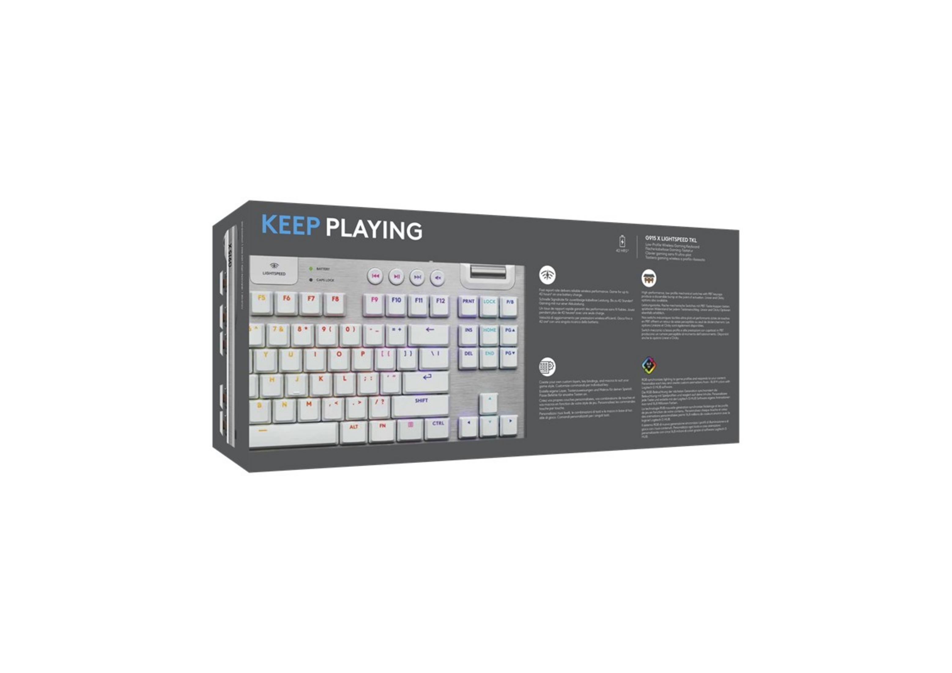 Opakowanie białej klawiatury gamingowej z logo "KEEP PLAYING".