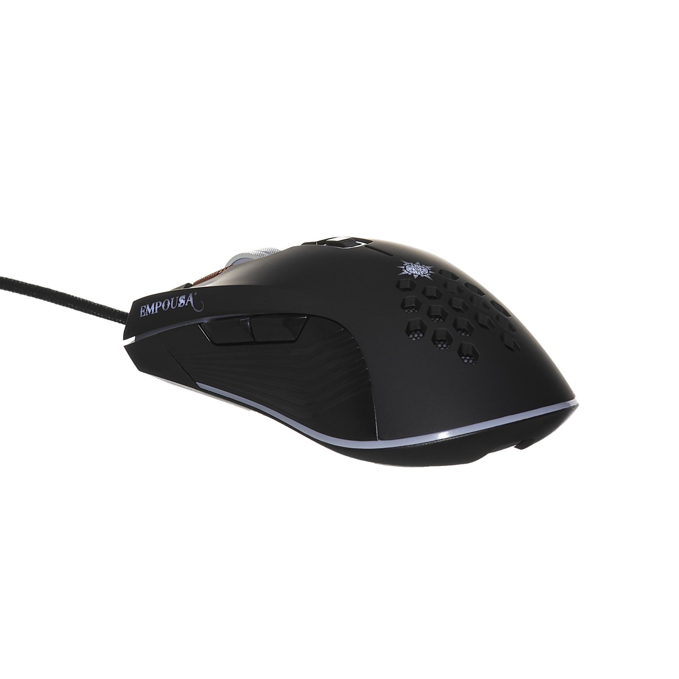 Schwarze Computermaus mit Wabenmuster und Kabel auf weißem Hintergrund.