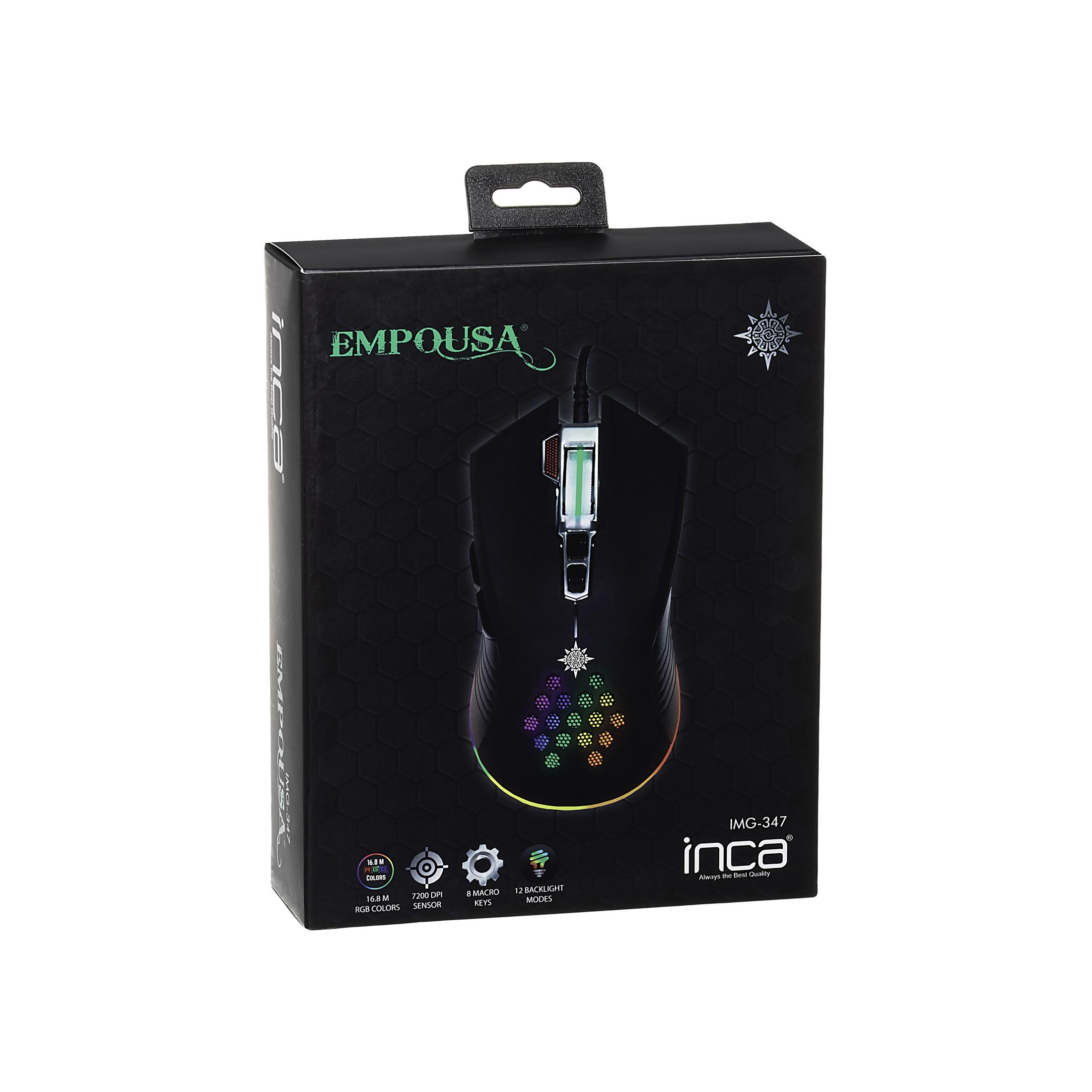 Schwarze Verpackung für eine Inca Gaming-Maus mit RGB-Farben und Funktionen.