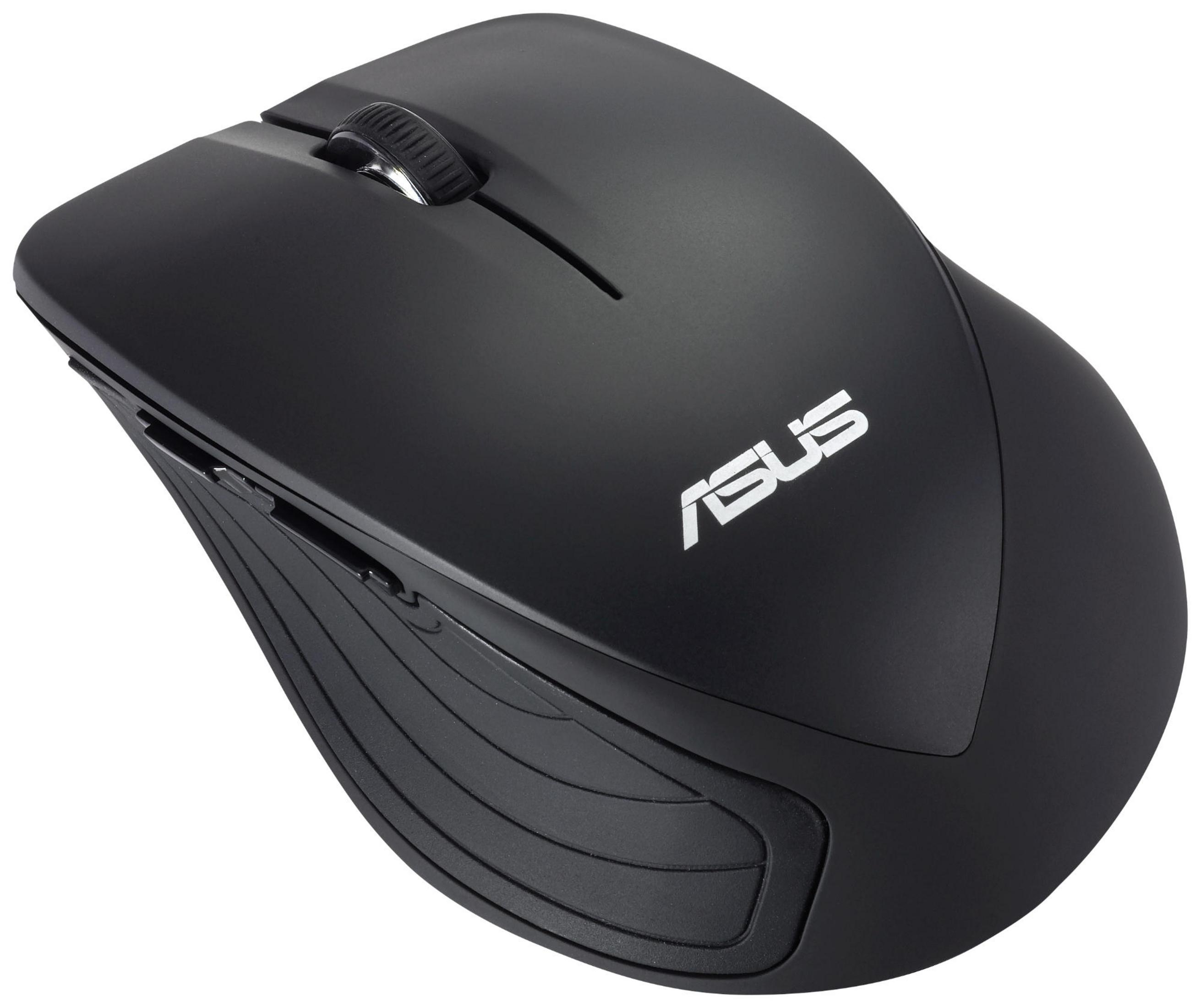 Black ASUS computer mouse with a scroll wheel and ribbed sides.