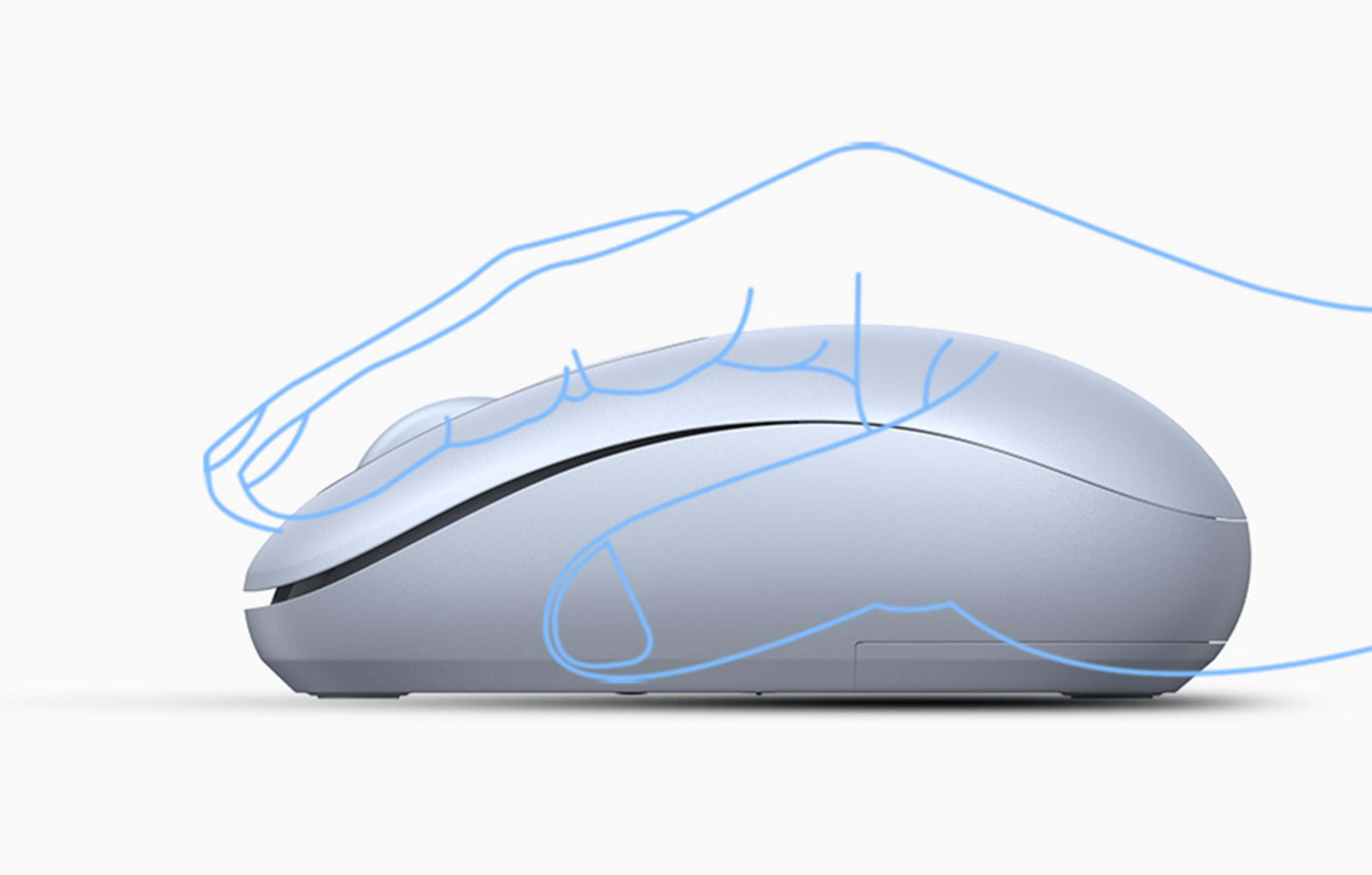 Szara mysz komputerowa z niebieskimi liniami ilustrującymi dłoń.