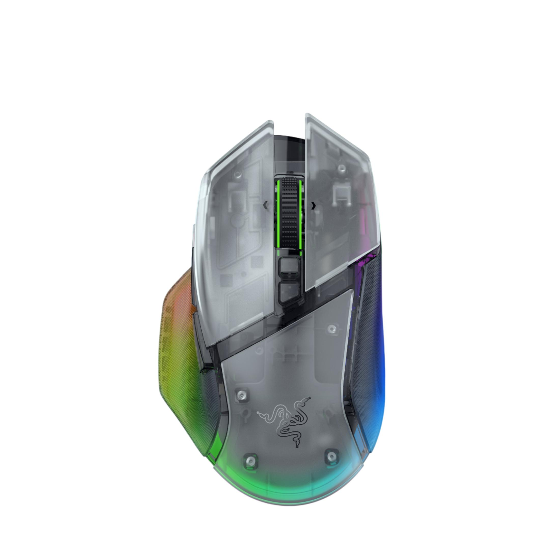 Un mouse da gaming trasparente con scheda di circuito visibile, lati color arcobaleno e una rotella di scorrimento verde su sfondo bianco.