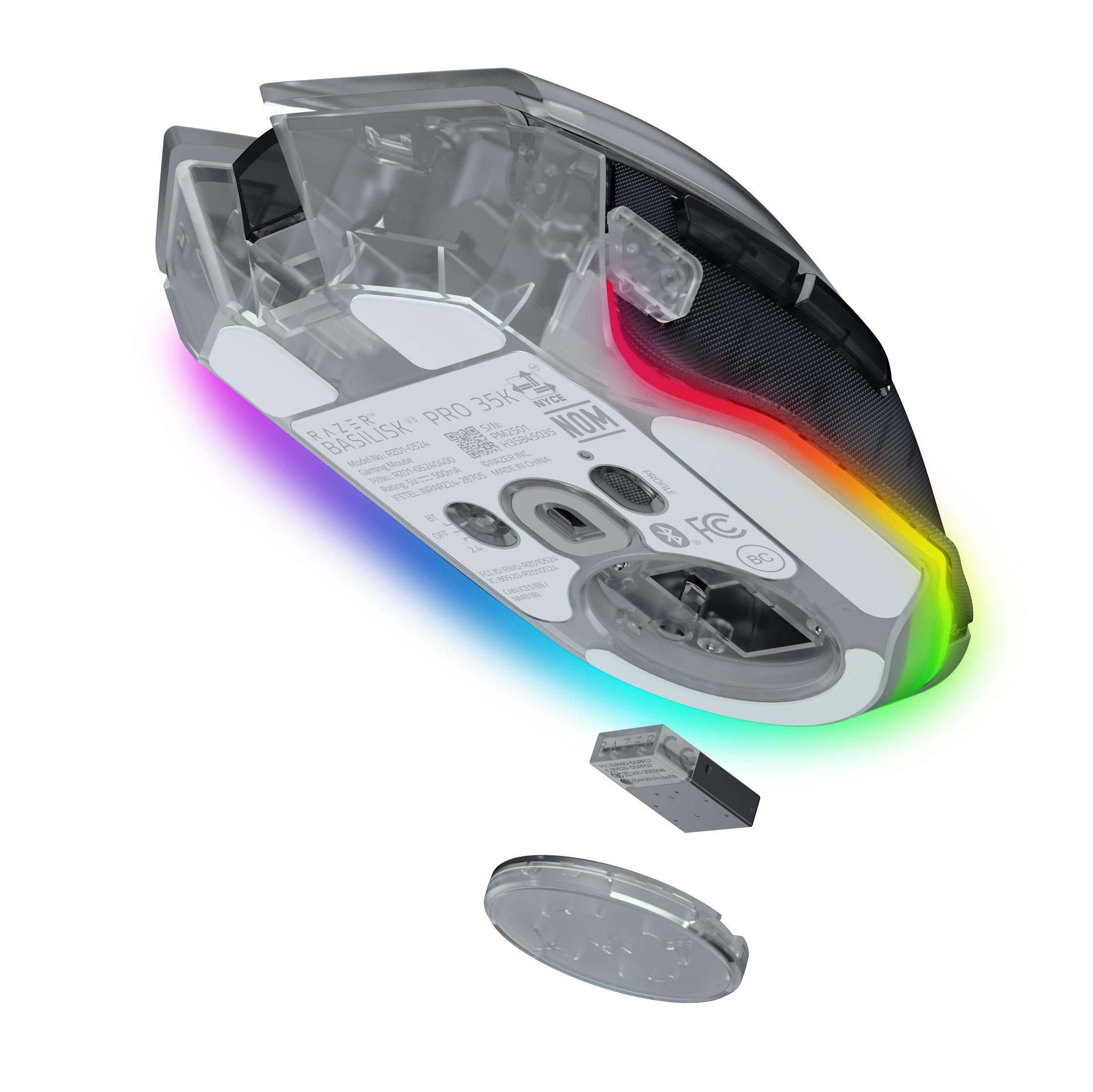 Scocca di mouse trasparente con illuminazione RGB e parti staccabili.