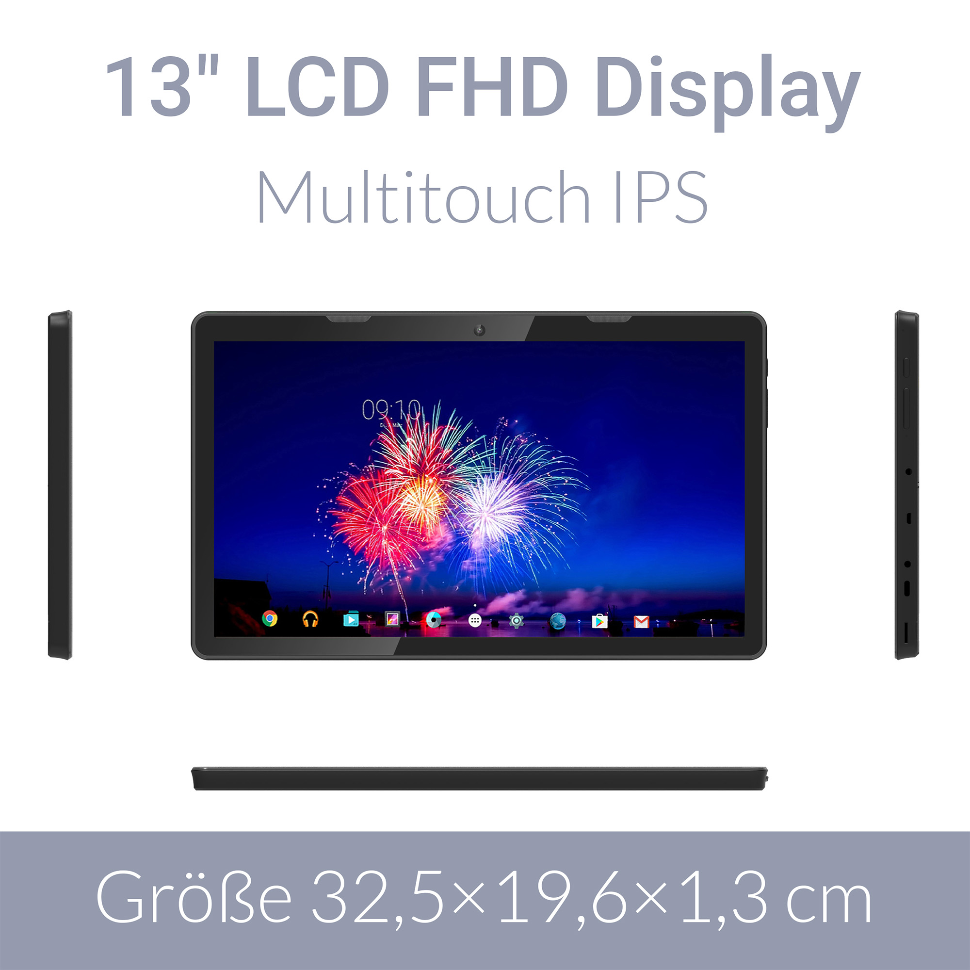 Ein 13-Zoll-Tablet mit Feuerwerk-Hintergrund und Maßen 32,5x19,6x1,3 cm.