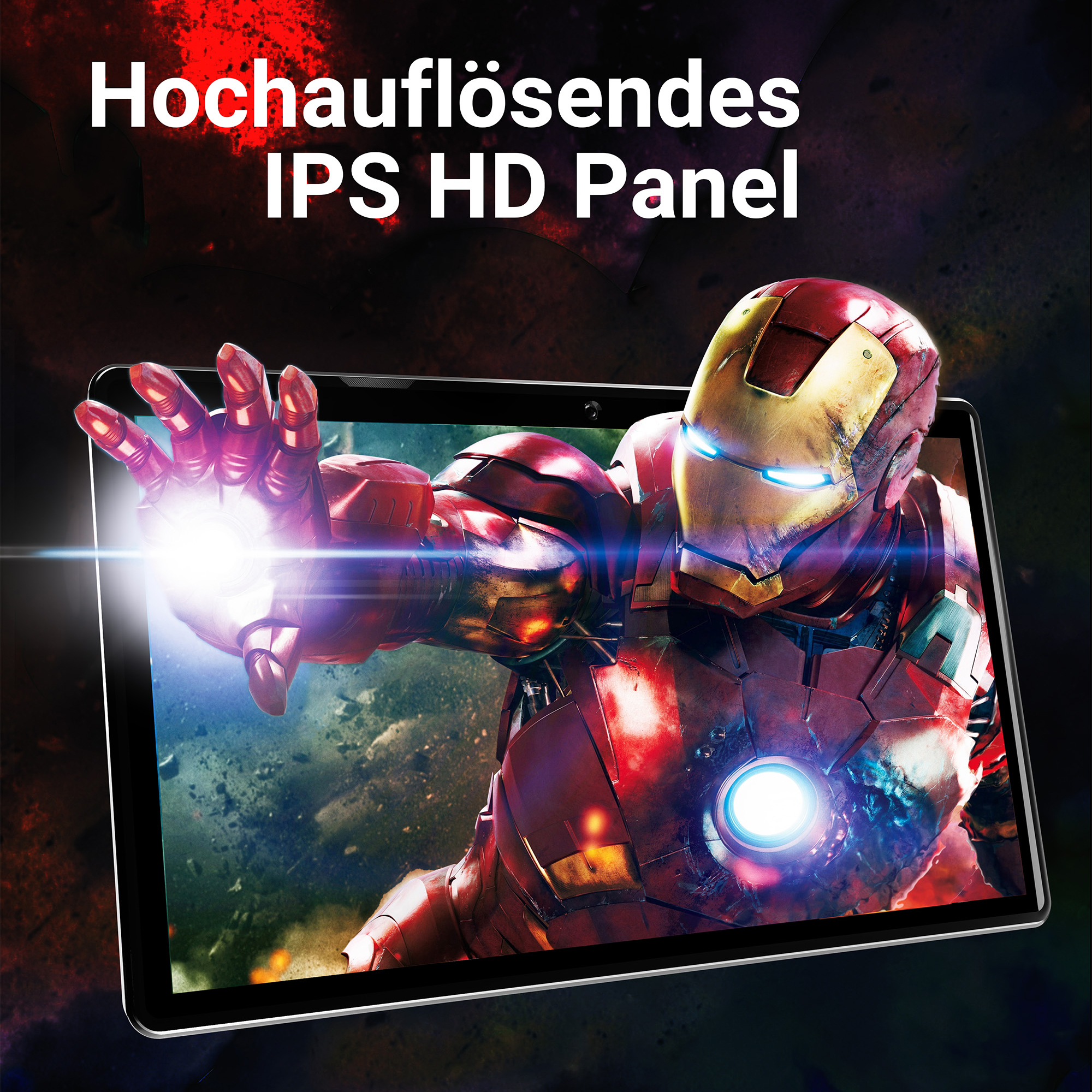 Iron Man schießt Energie aus der Hand auf einem Tablet.