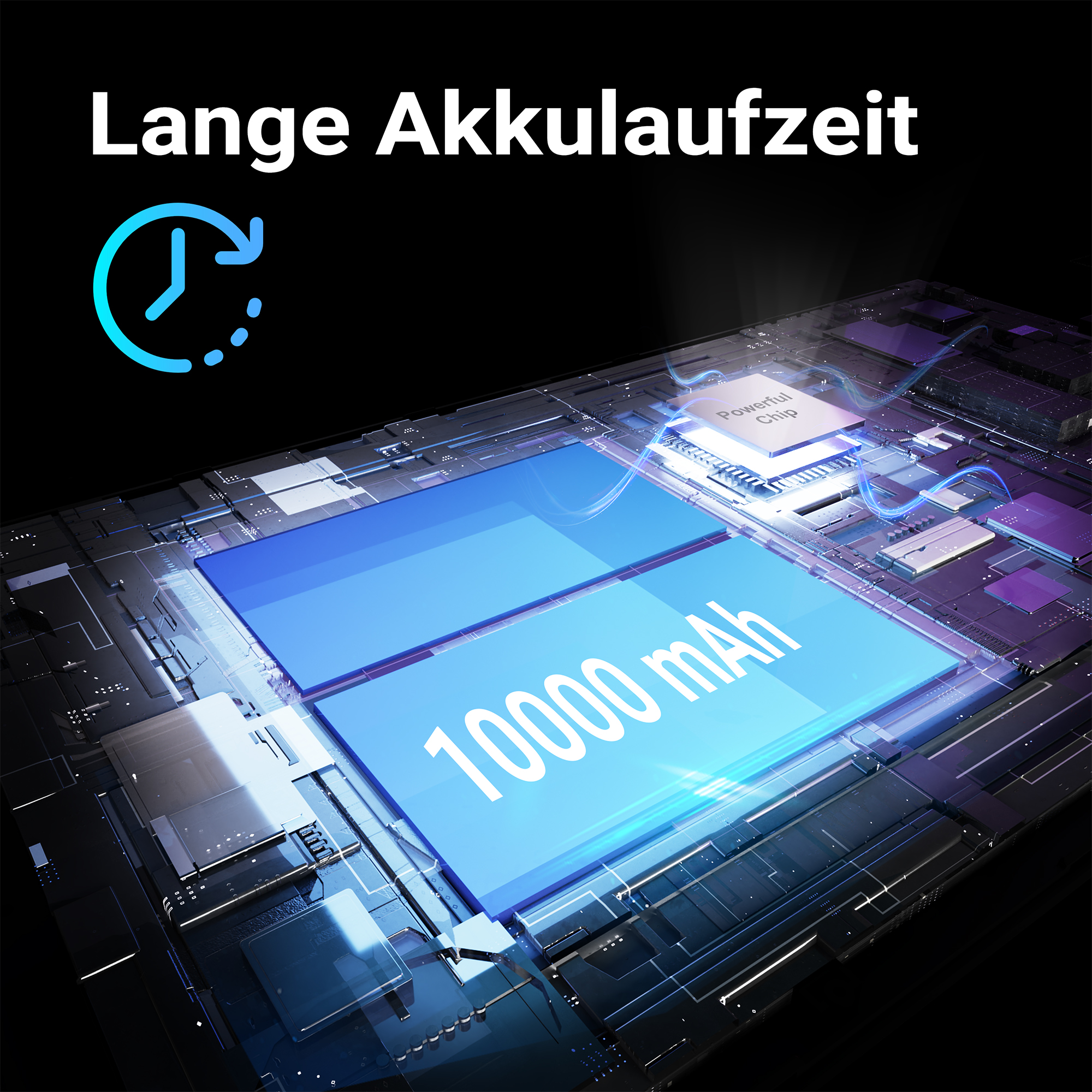 Abstraktes Bild einer Leiterplatte mit 10000 mAh Akku und "Powerful Chip".