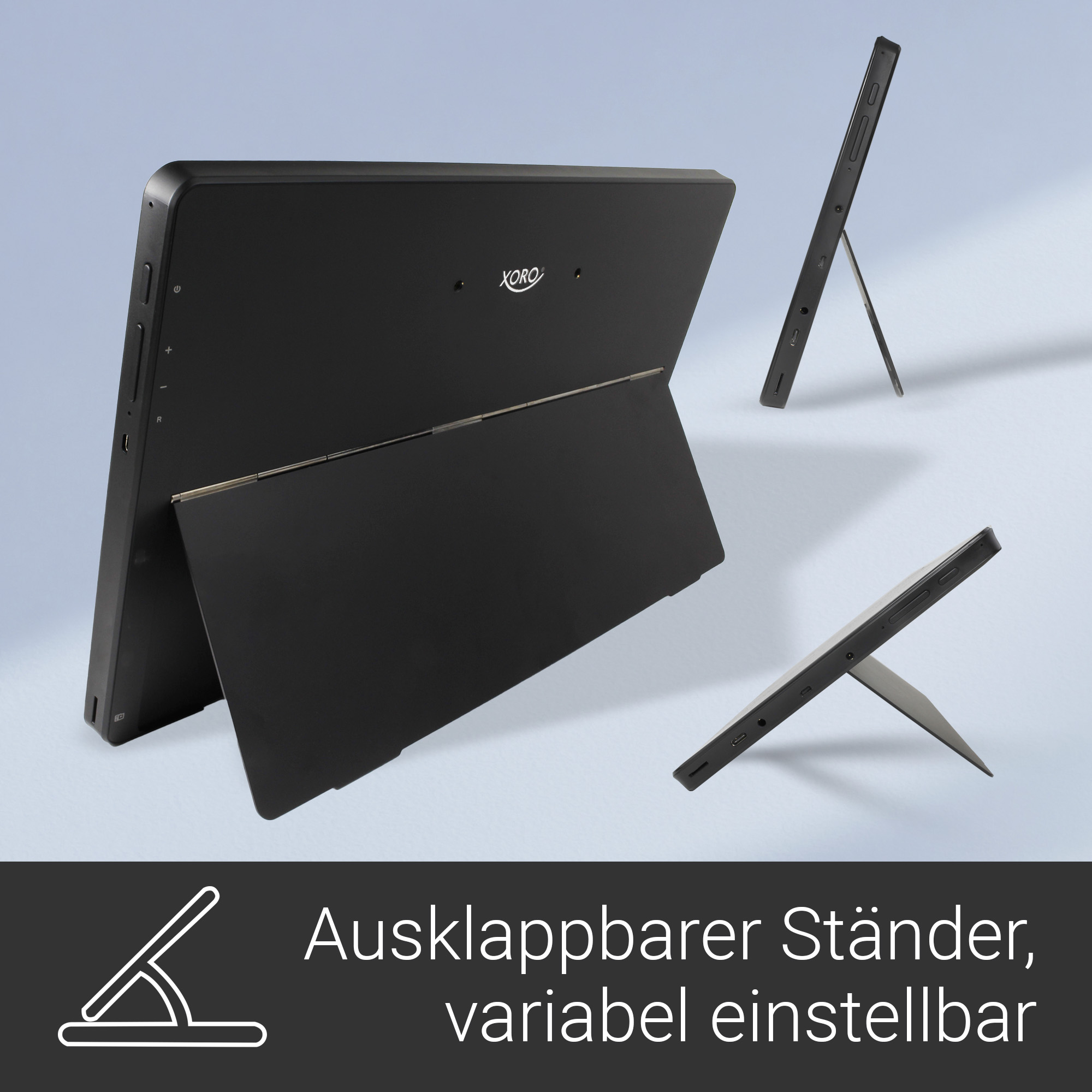 Schwarzes Tablet mit ausklappbarem Ständer, verschiedene Ansichten.