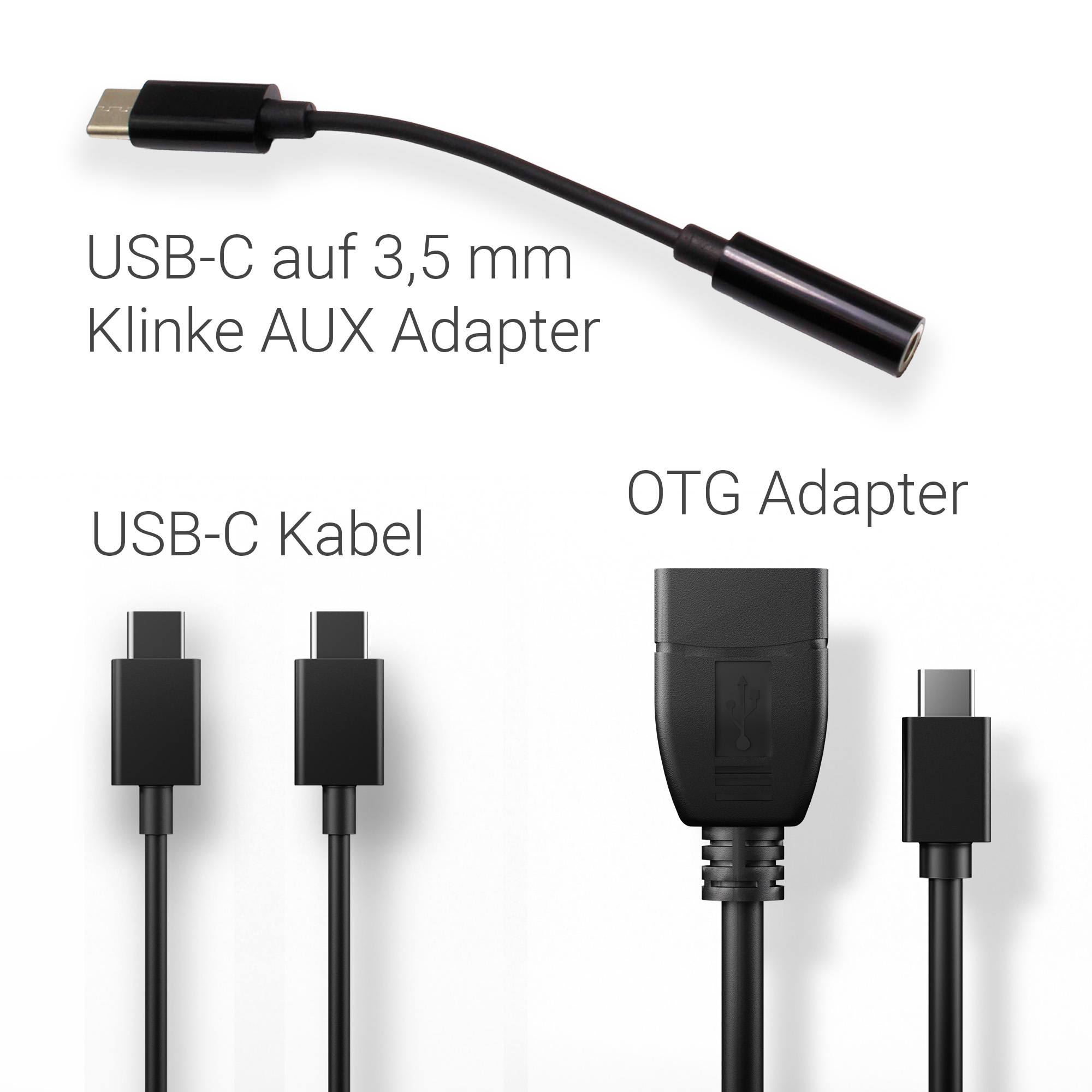 USB-C auf 3,5 mm Klinke AUX Adapter, USB-C Kabel und OTG Adapter.