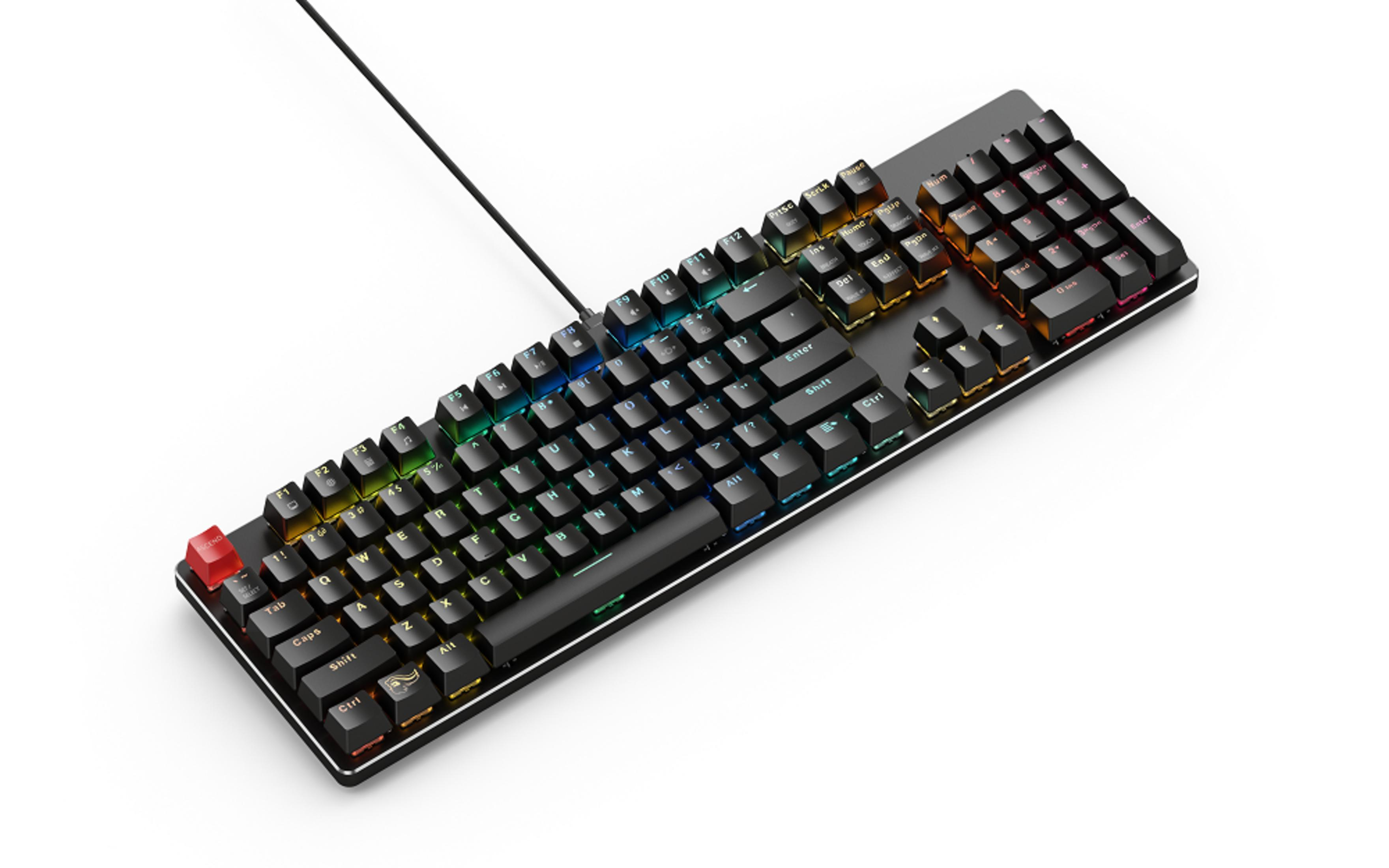 Czarna klawiatura z podświetlanymi klawiszami RGB na białym tle.