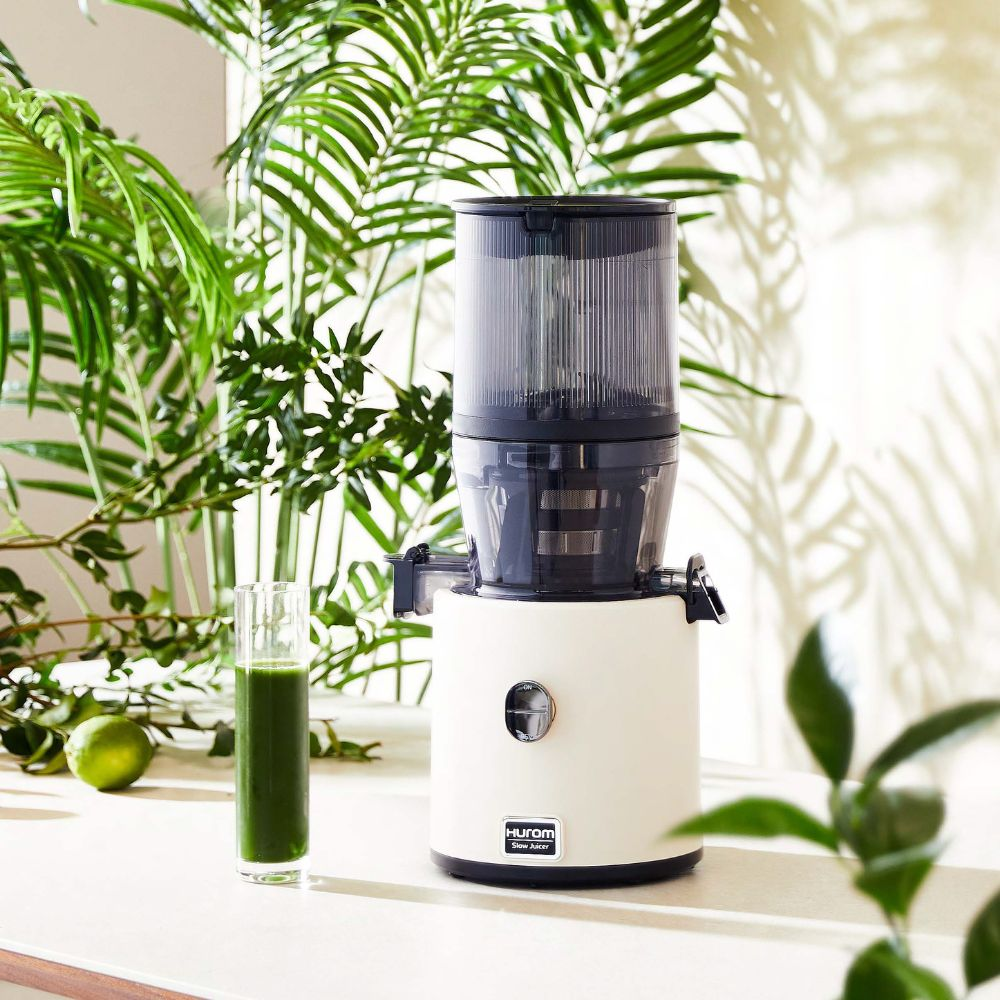 Ein weißer Slow Juicer mit Glas grünem Saft und Limette, umgeben von Pflanzen.