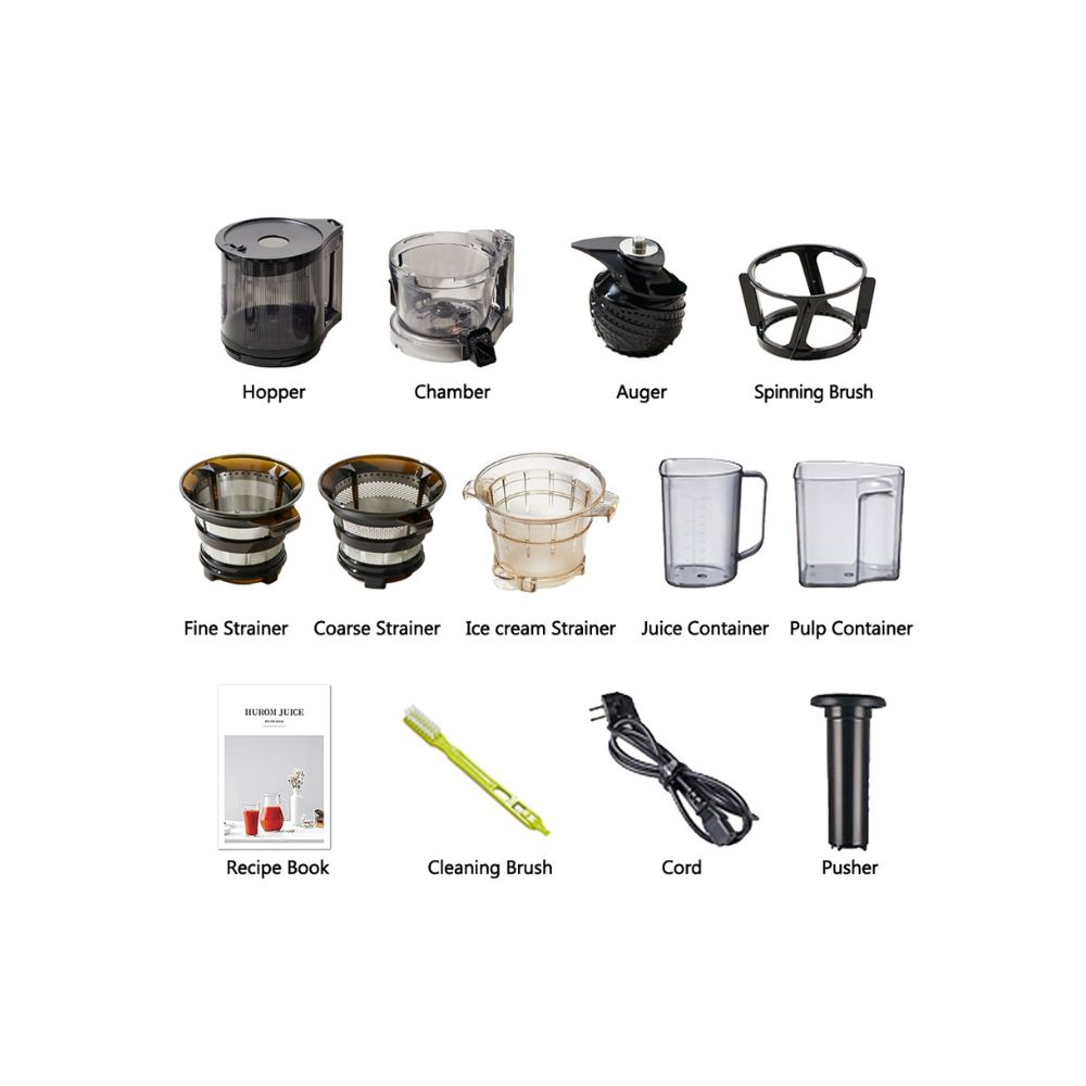 Juicer-Teile: Trichter, Kammer, Schnecke, Bürste, Siebe, Behälter, Buch, Bürste, Kabel, Stößel.