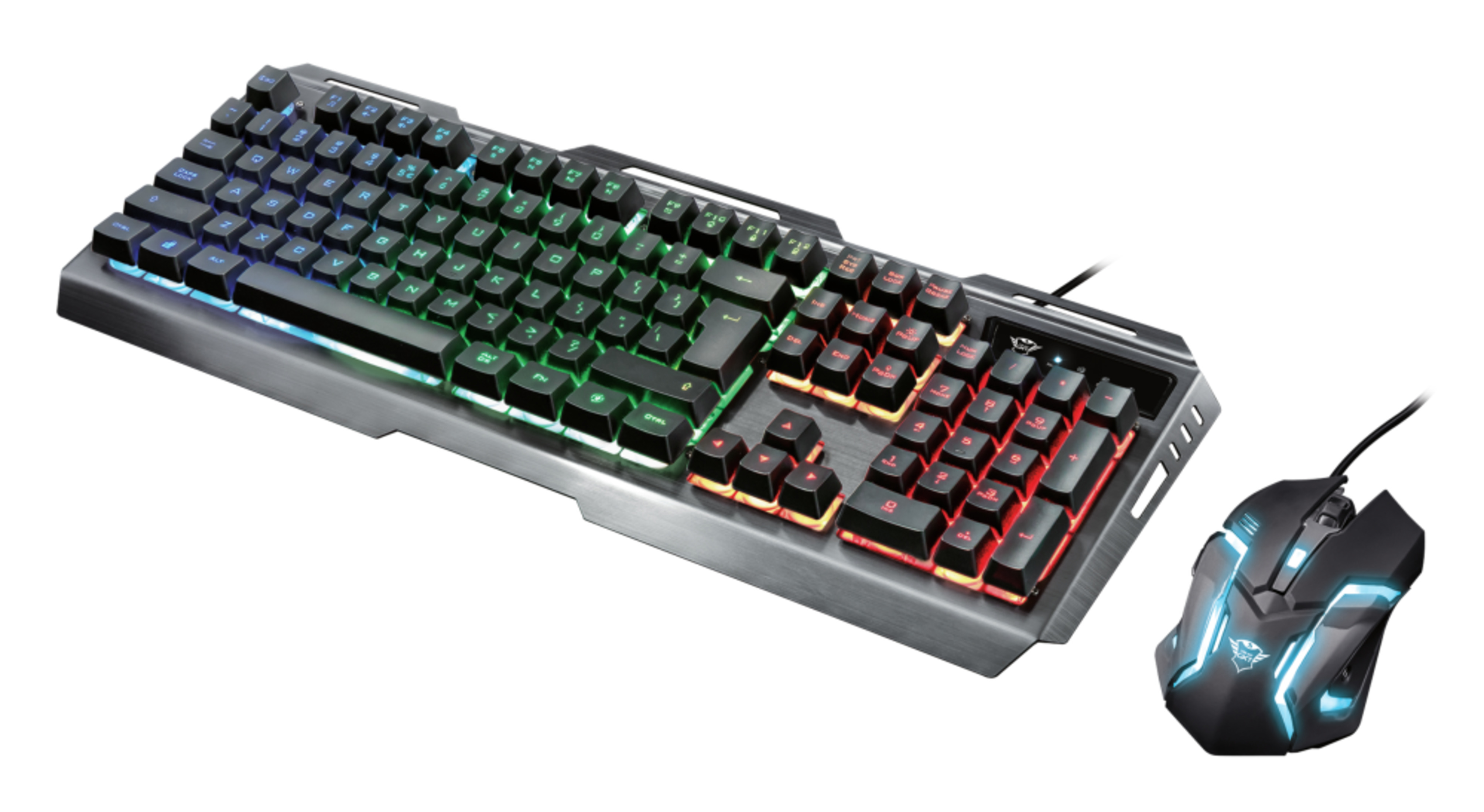 Una tastiera e un mouse gaming illuminati con alloggiamento argentato.