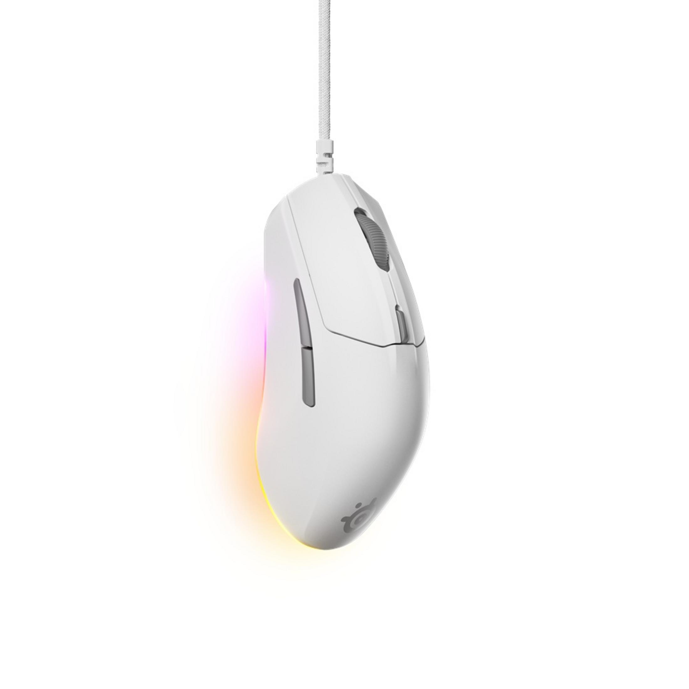 Un mouse gaming bianco con logo illuminato e rotellina grigia.