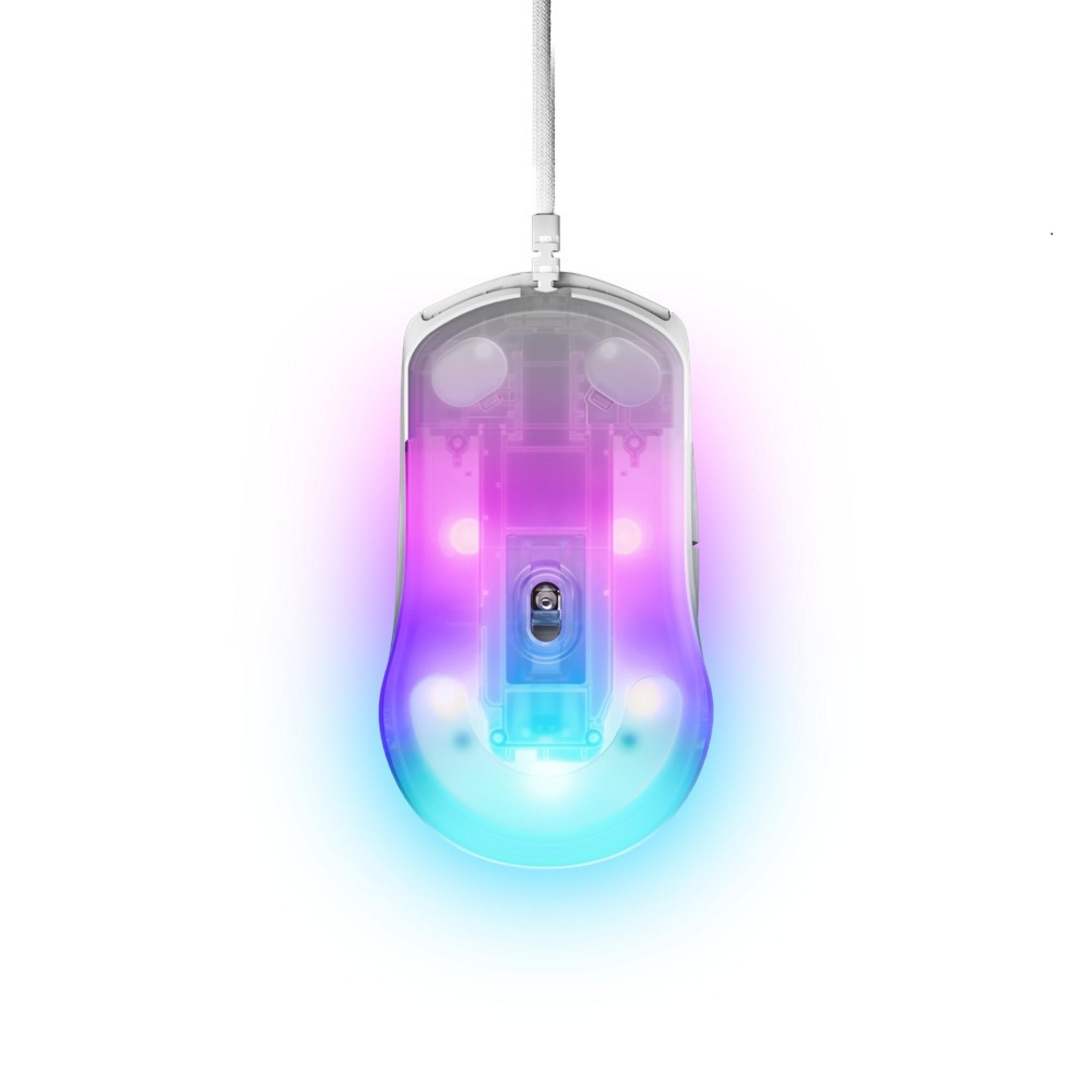 Un mouse bianco per computer con corpo trasparente e illuminazione RGB viola e blu.
