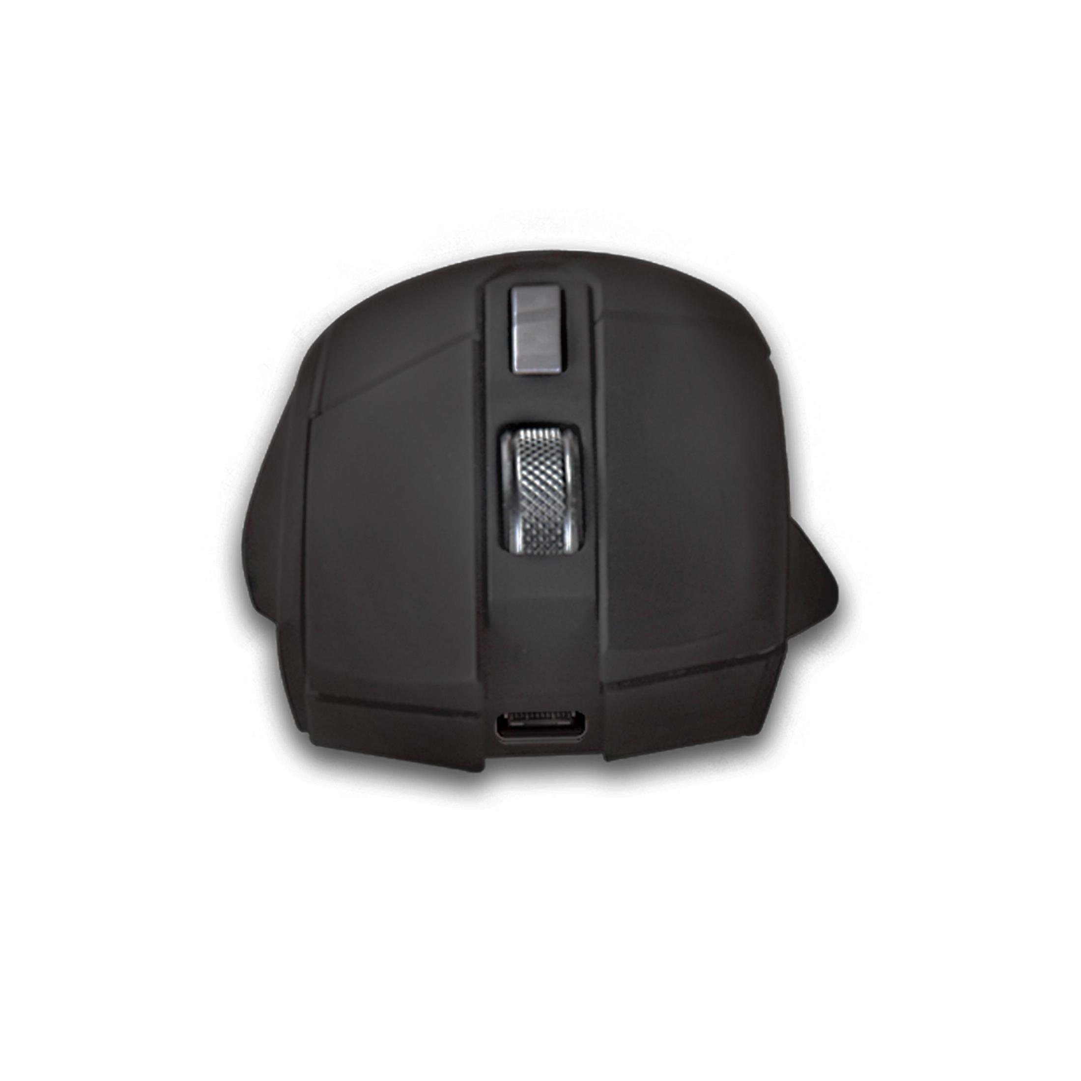 Widok z góry na ciemnoszarą mysz komputerową z metalowym kółkiem przewijania i portem USB-C z przodu.