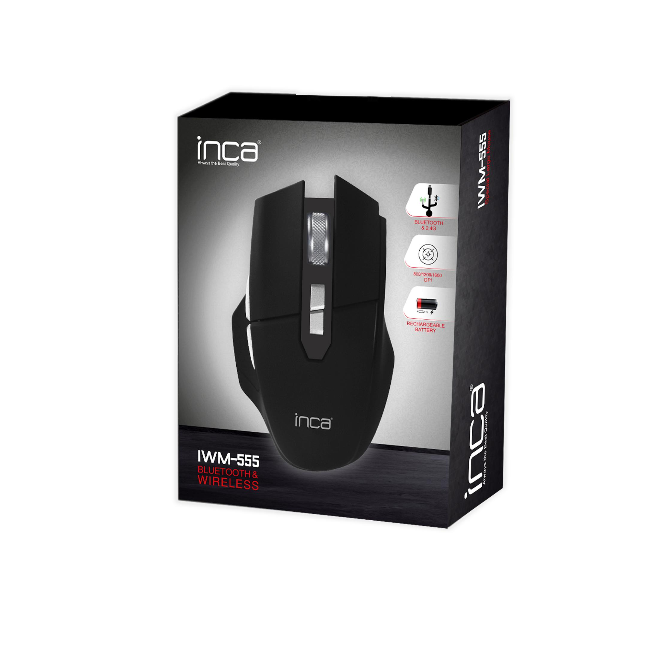 Czarne opakowanie myszy INCA IWM-555 z obrazem myszy i cechami produktu.