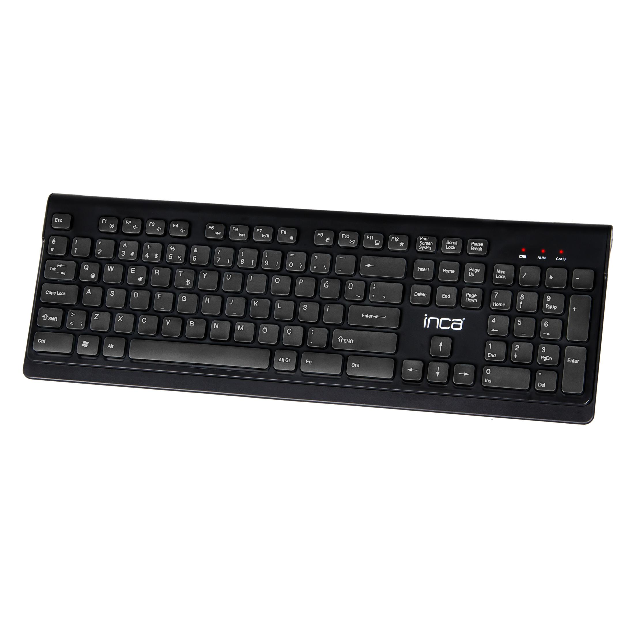 Widoczna jest czarna klawiatura komputerowa marki Inca ze standardowym układem i klawiaturą numeryczną.