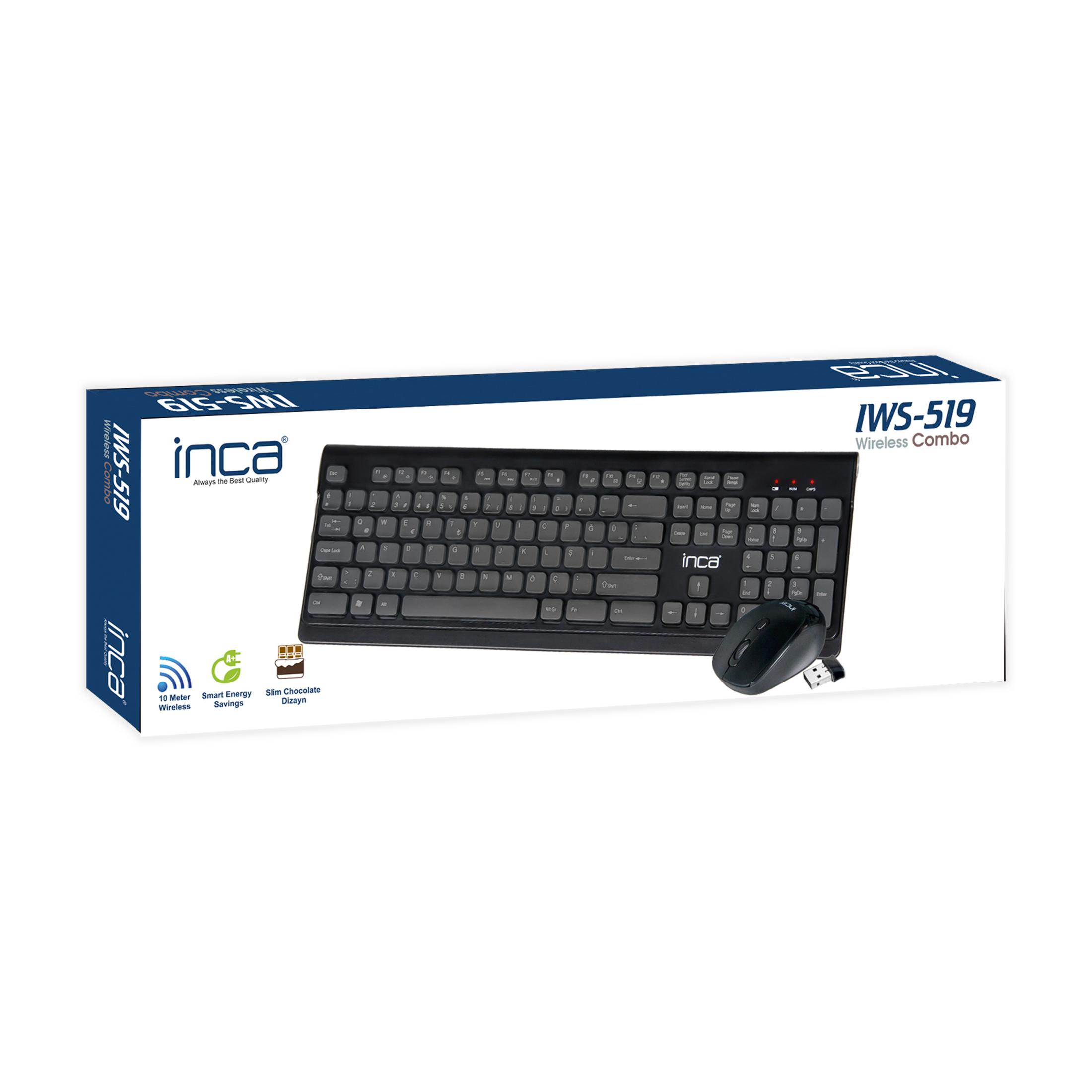 Czarny zestaw klawiatury i myszy Inca z donglem USB na białym tle.