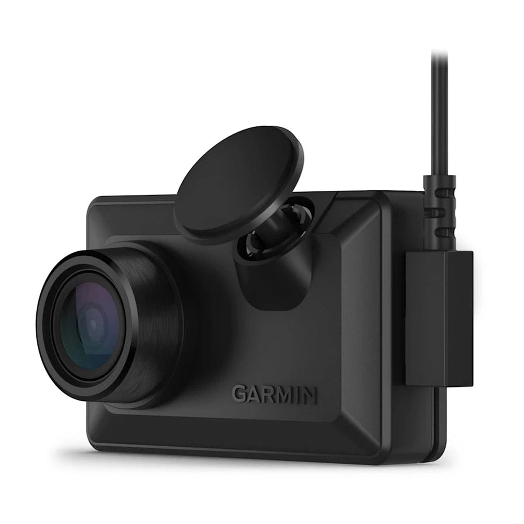 Schwarzer Garmin Dashcam mit offenem Objektivdeckel und Kabelanschluss.