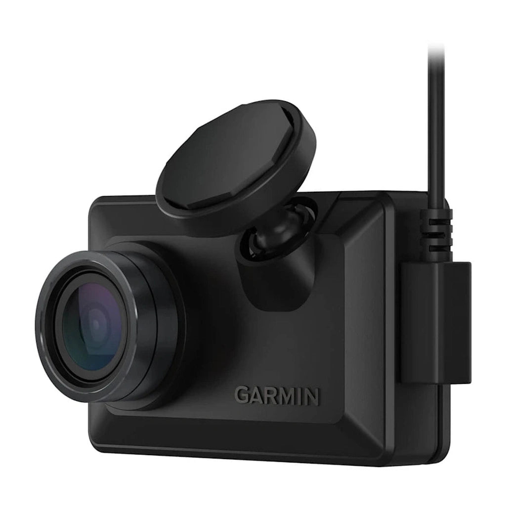 Schwarzer Garmin Dashcam mit Objektiv und Saugfuß, weißer Hintergrund.