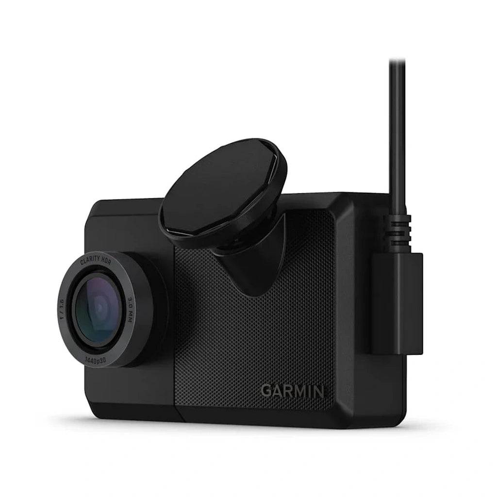 Schwarzer Garmin Dashcam mit Linse und Antenne auf weißem Hintergrund.