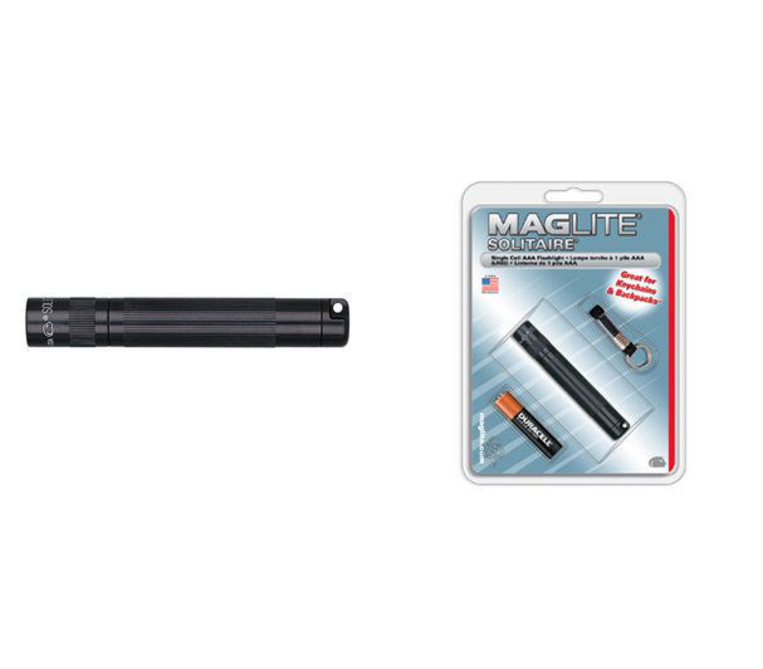 Schwarzer Maglite Solitaire Taschenlampen-Schlüsselanhänger mit AAA-Batterie.