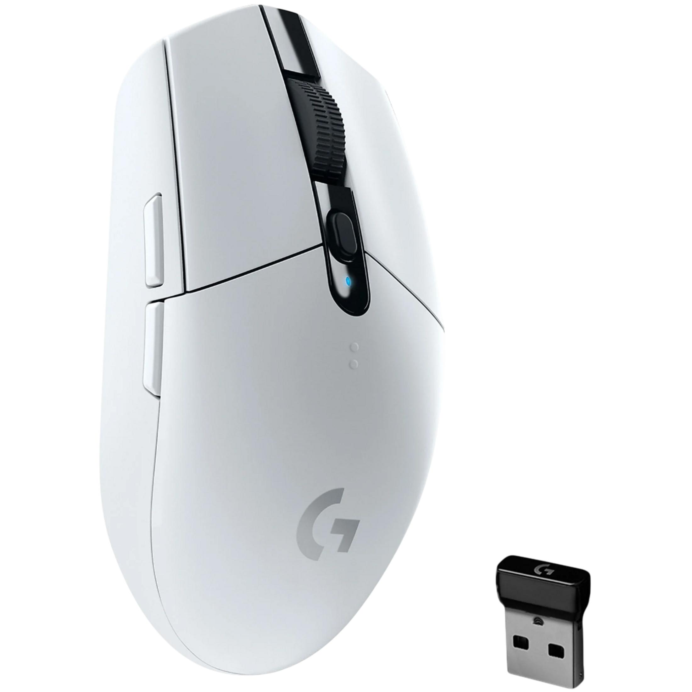 Biała bezprzewodowa mysz gamingowa Logitech G z czarnym kółkiem i odbiornikiem USB.