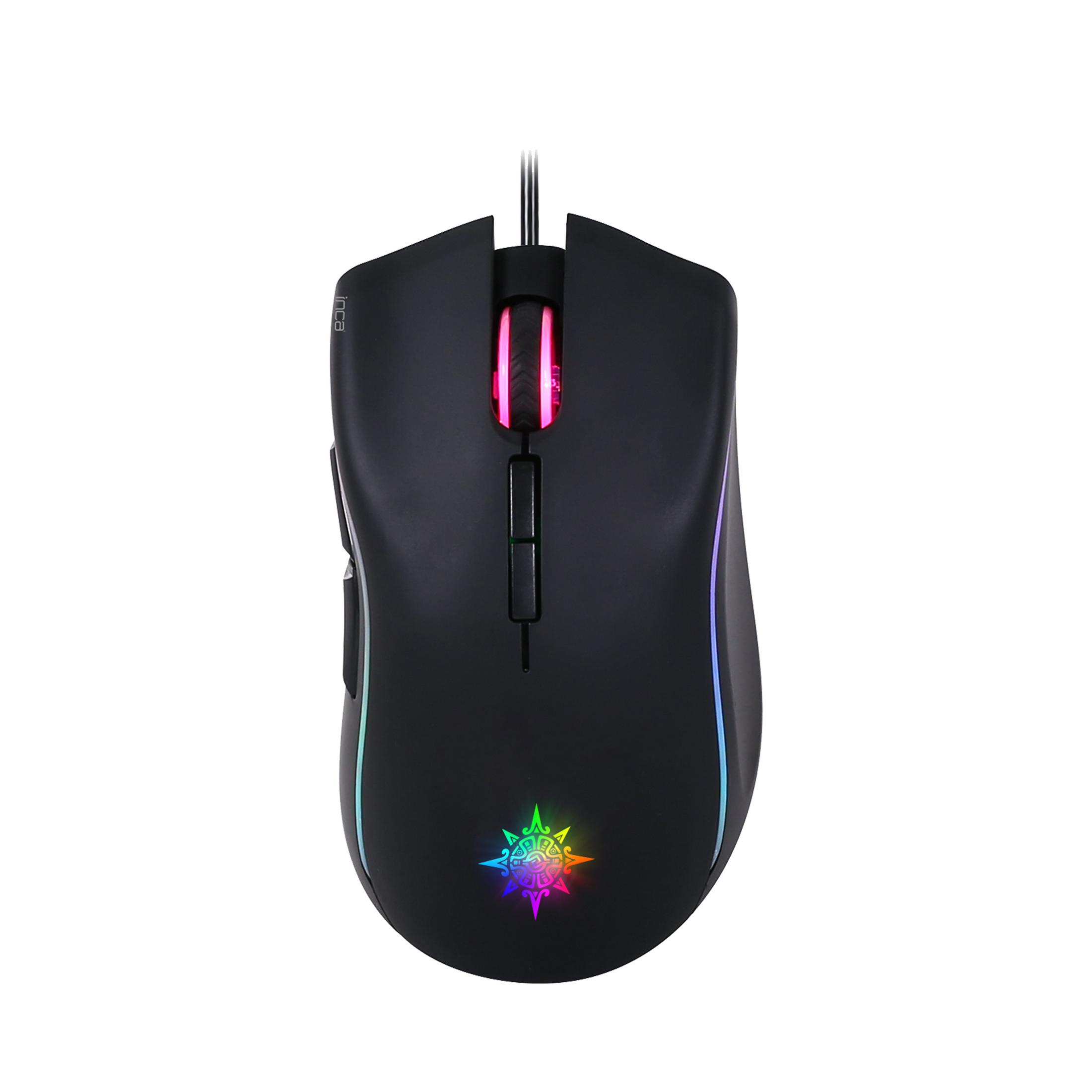Schwarze Gaming-Maus mit RGB-Beleuchtung und Sternmotiv. Scrollrad und Tasten sichtbar.