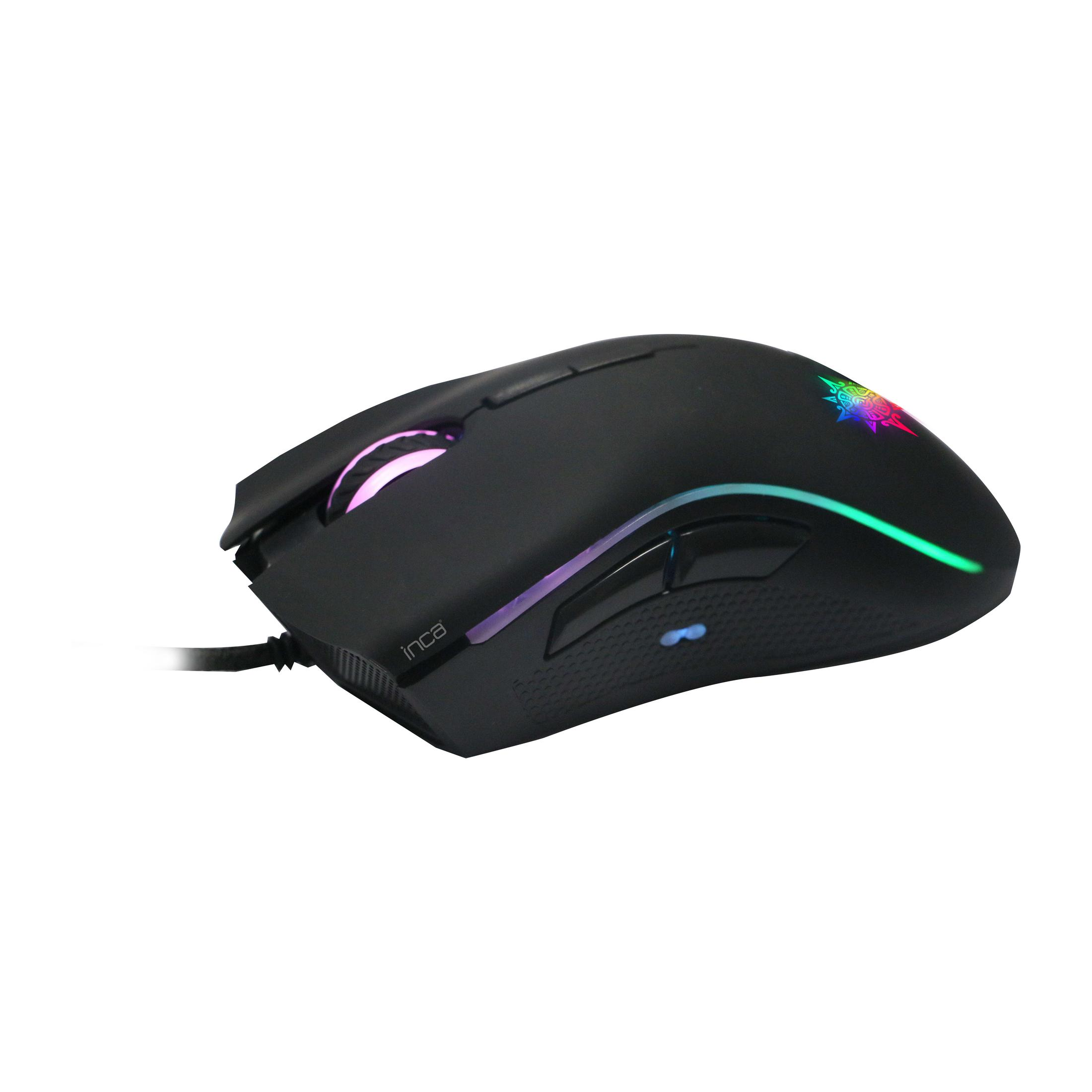 Schwarze Gaming-Maus mit RGB-Beleuchtung und dem Inca-Logo.
