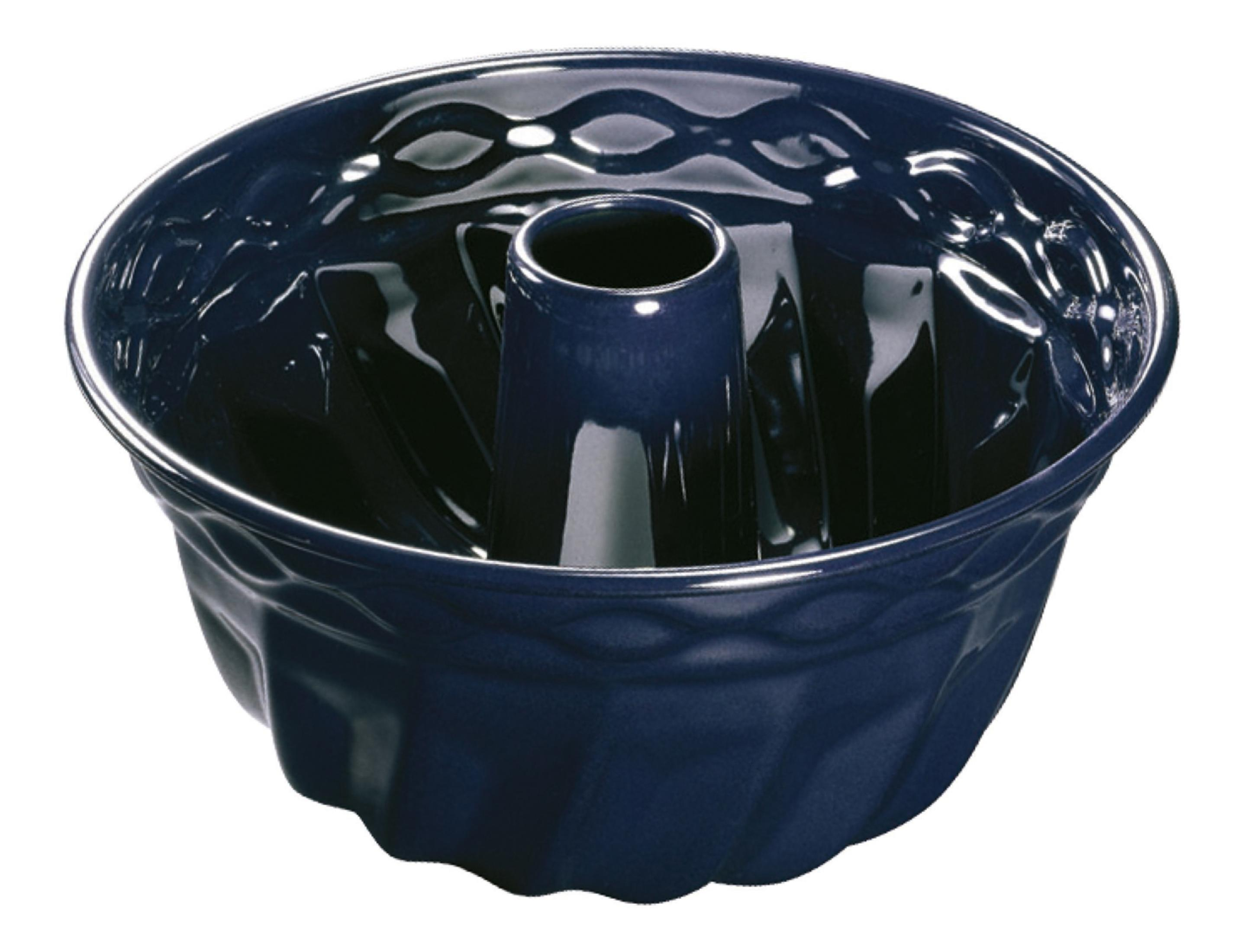 Dunkelblaue Gugelhupfform mit Rillen und einem Mittelrohr.