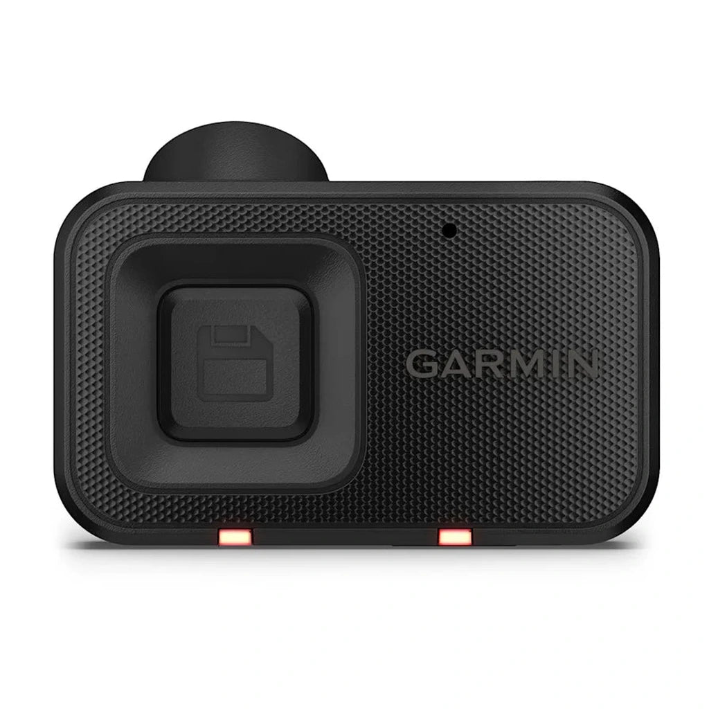 Schwarze Garmin Dashcam mit Speichern-Symbol, rotem Licht und Textur.
